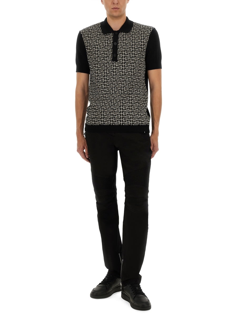 Balmain Monogram Pattern Polo With Classic Collar In Black