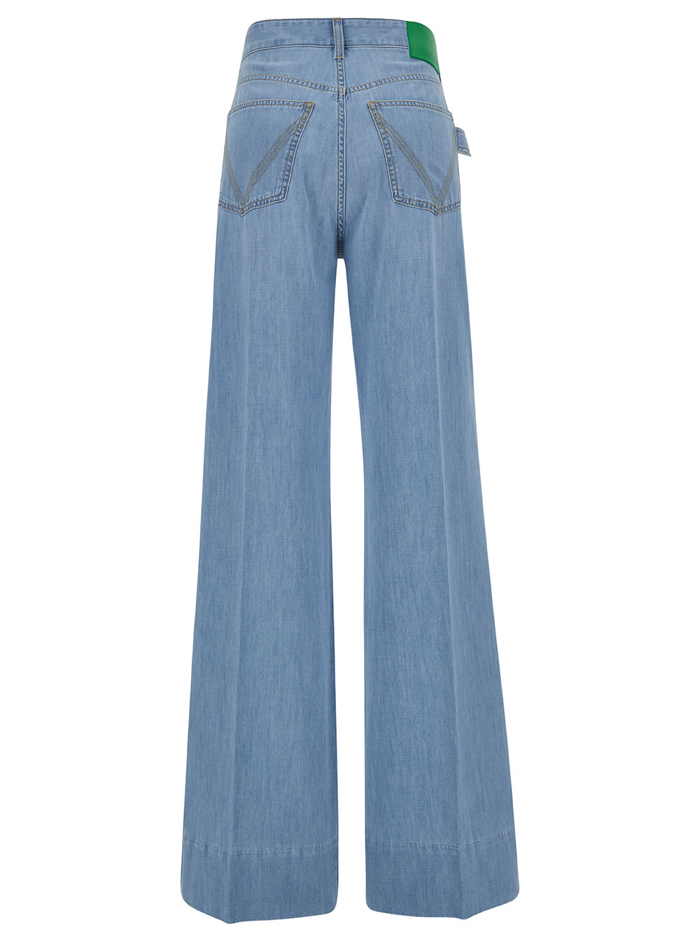 BOTTEGA VENETA LIGHT BLUE WIDE JEANS WITH LOGO PATCH IN COTTON DENIM WOMAN 