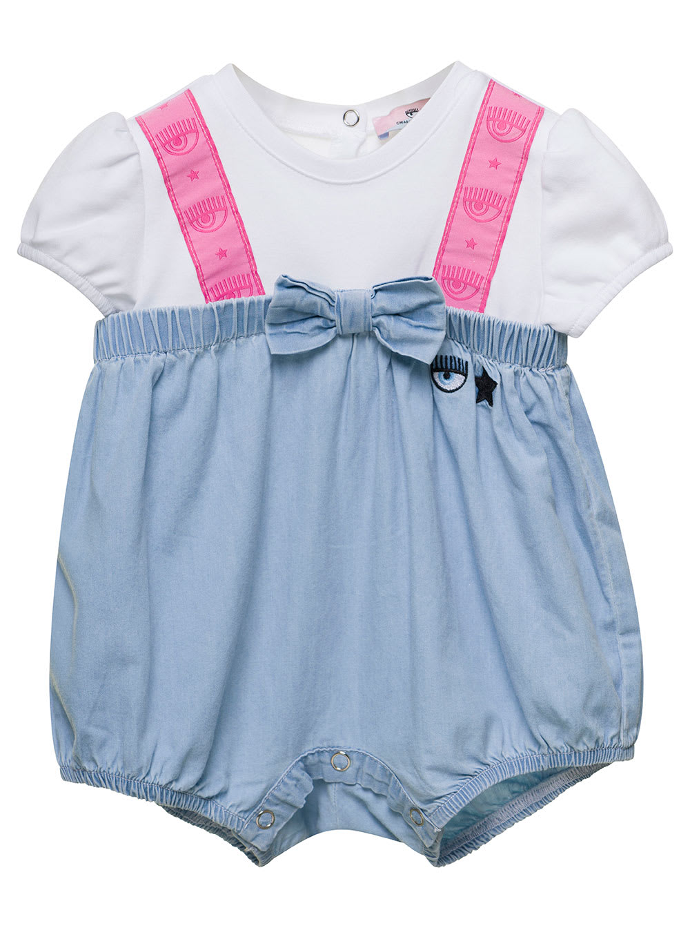 CHIARA FERRAGNI MULTICOLOR DUNGAREES ROMPER SUIT WITH LOGO AND BOW DETAIL IN COTTON BABY