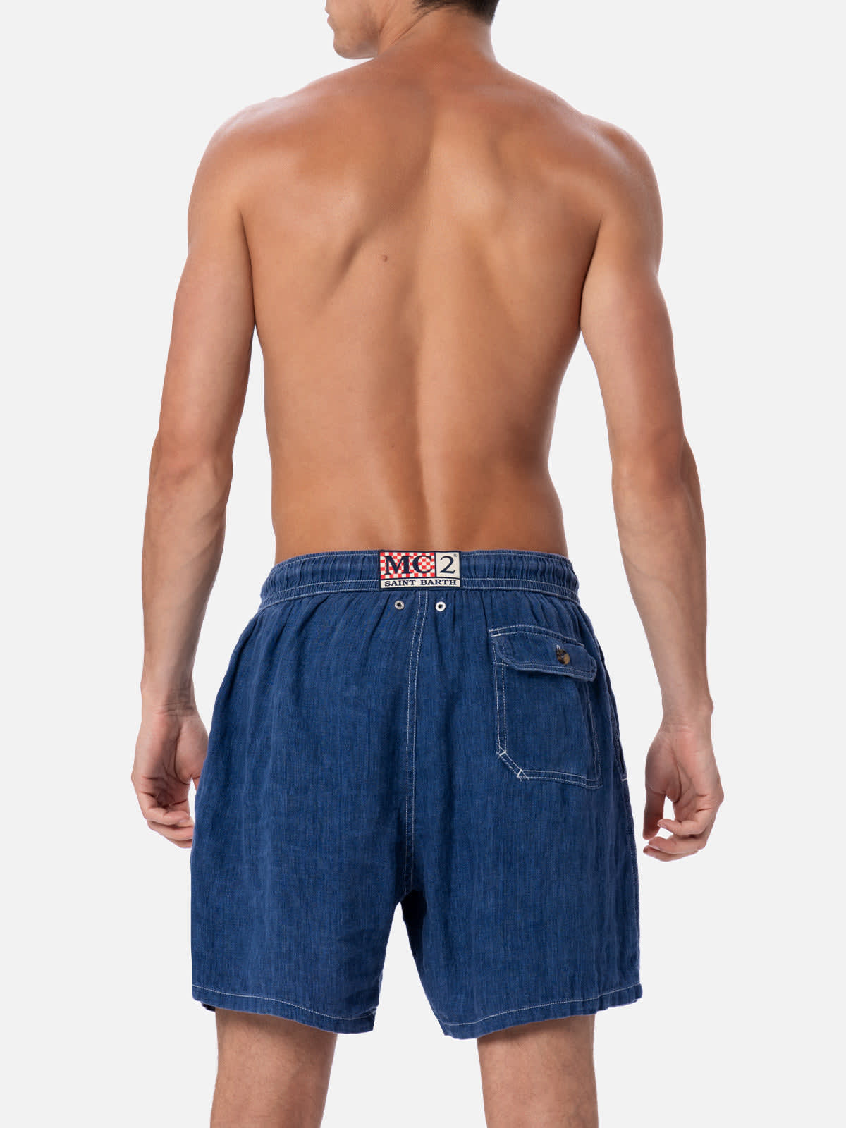 Mc2 Saint Barth Man Mid-length Denim Blue Linen Swim-shorts Gustavia In Blue