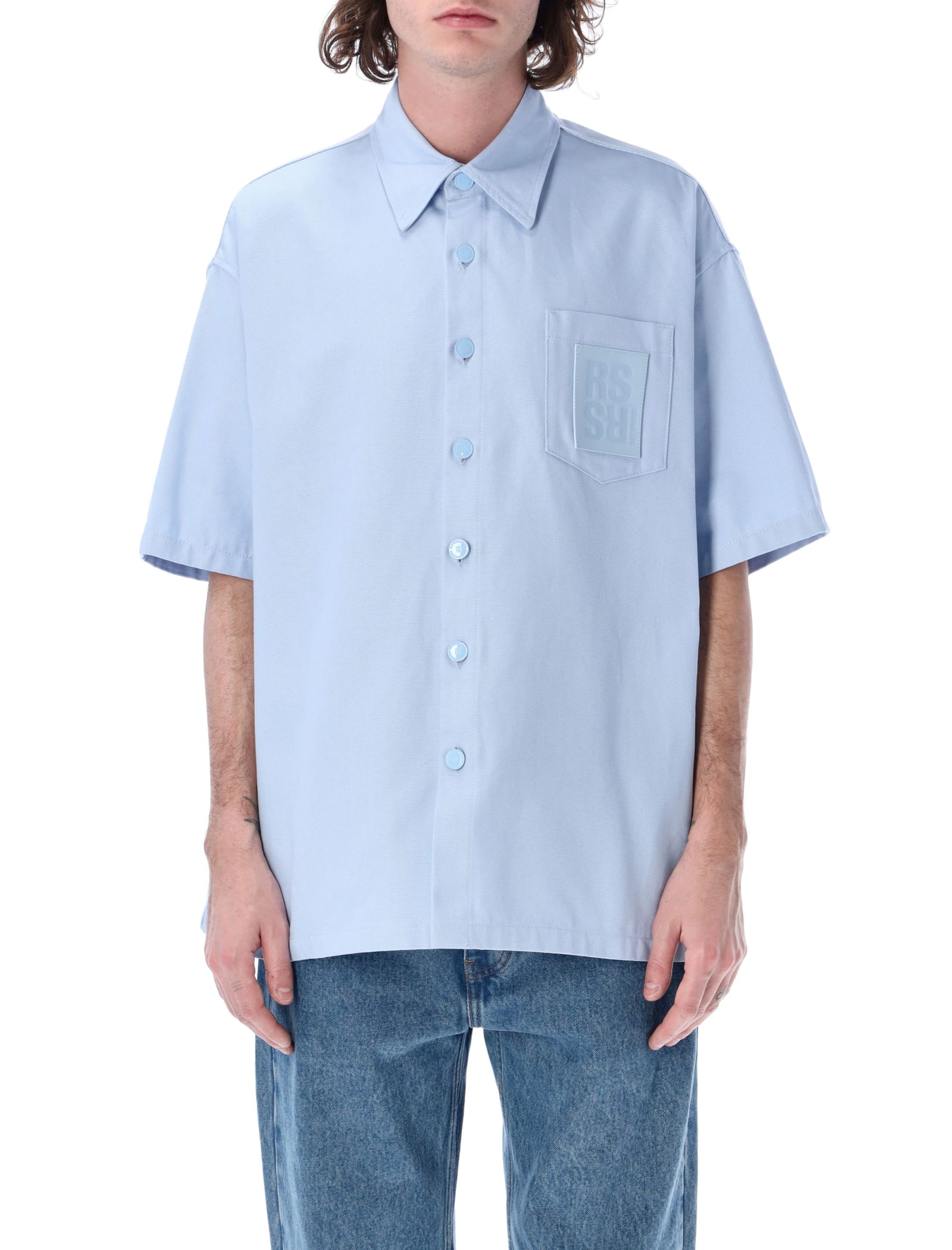Raf Simons Oversized Short Sleeve Denim Shirt In Light Blue