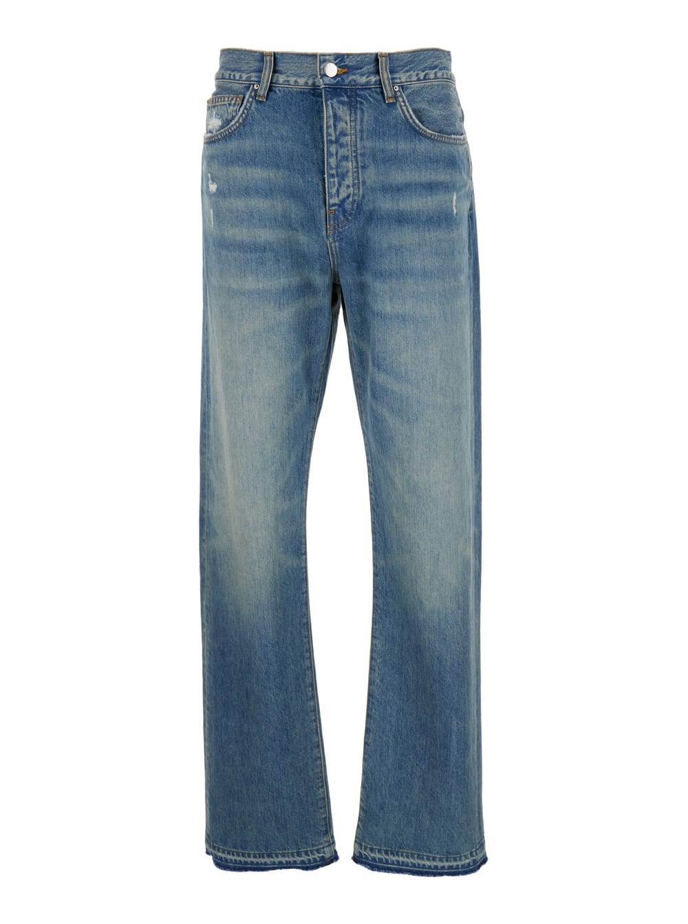Shop Amiri Light Blue Straight Jeans With Used Effect In Cotton Denim Man