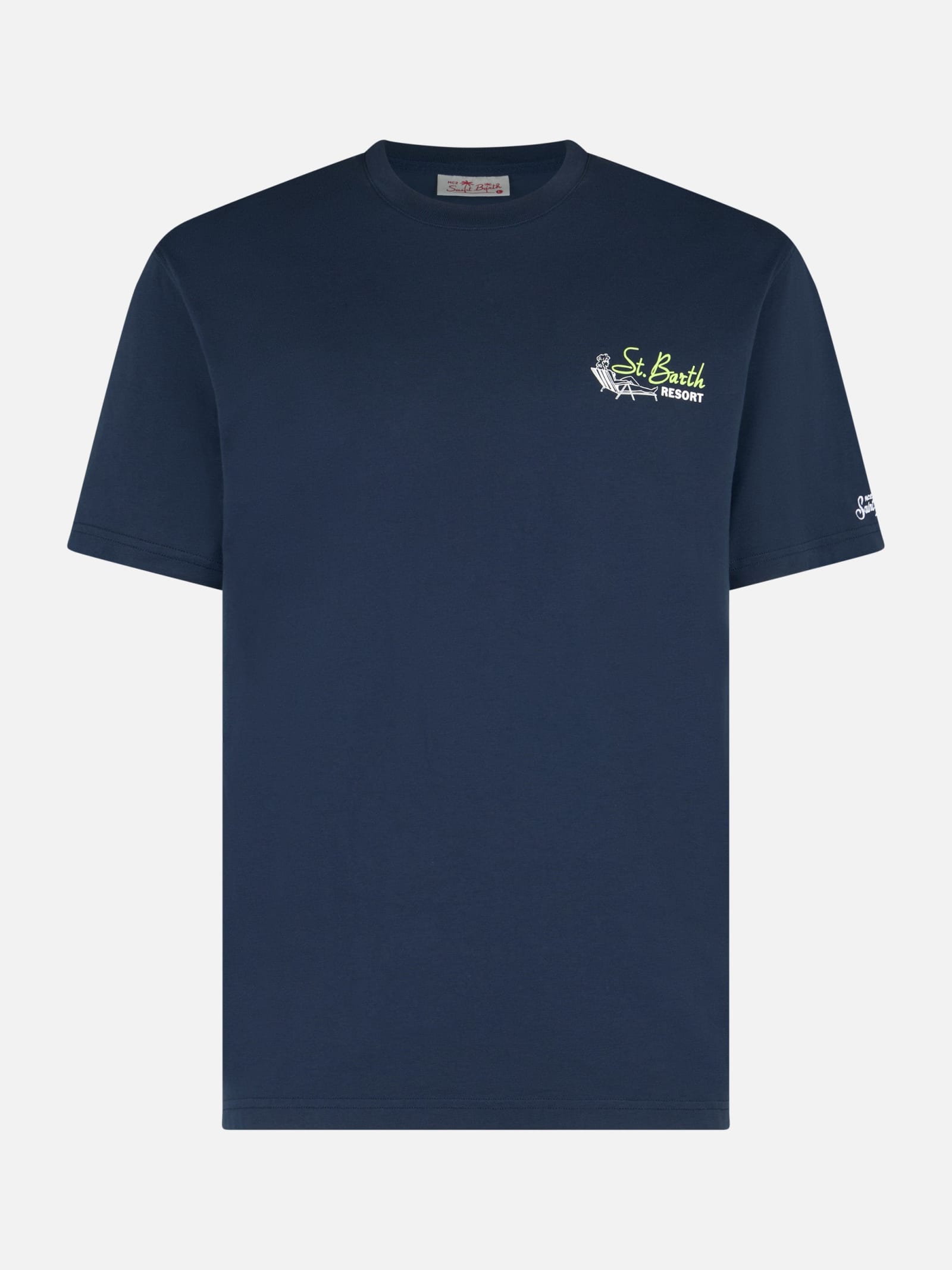 Shop Mc2 Saint Barth Man Cotton T-shirt With St. Barth Resort Placed Print In Blue