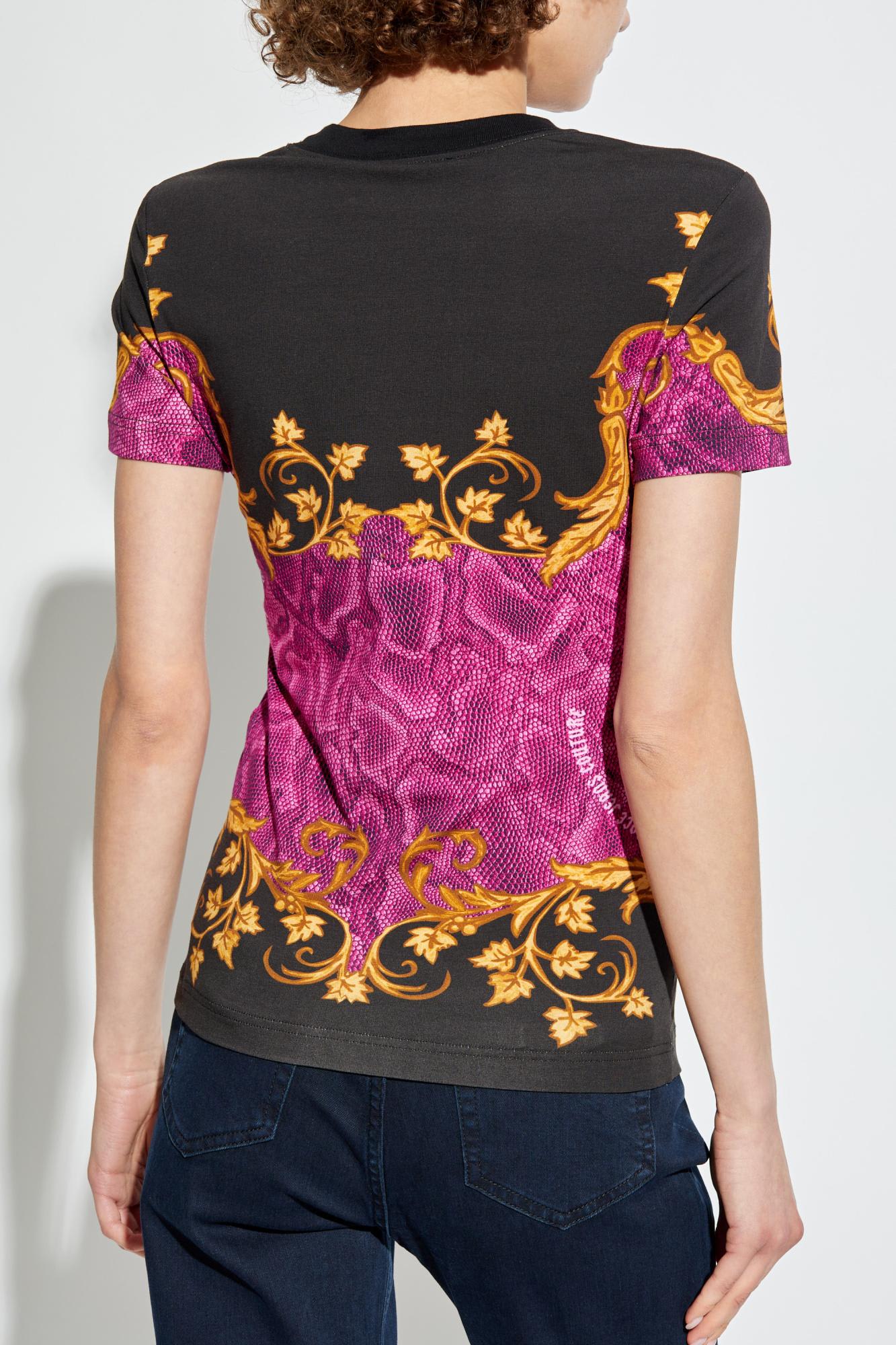 Shop Versace Jeans Couture T-shirt With Logo In Black, Gold, Raspberry