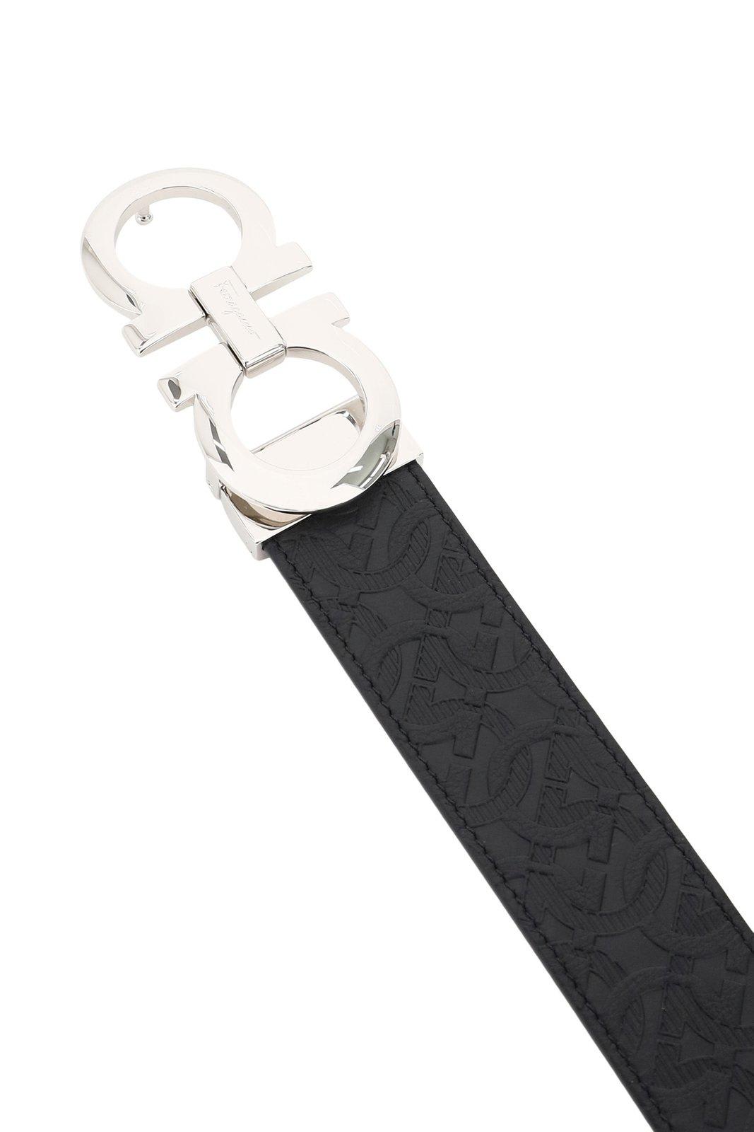 Shop Ferragamo Reversible Gancini Embossed Belt In Black