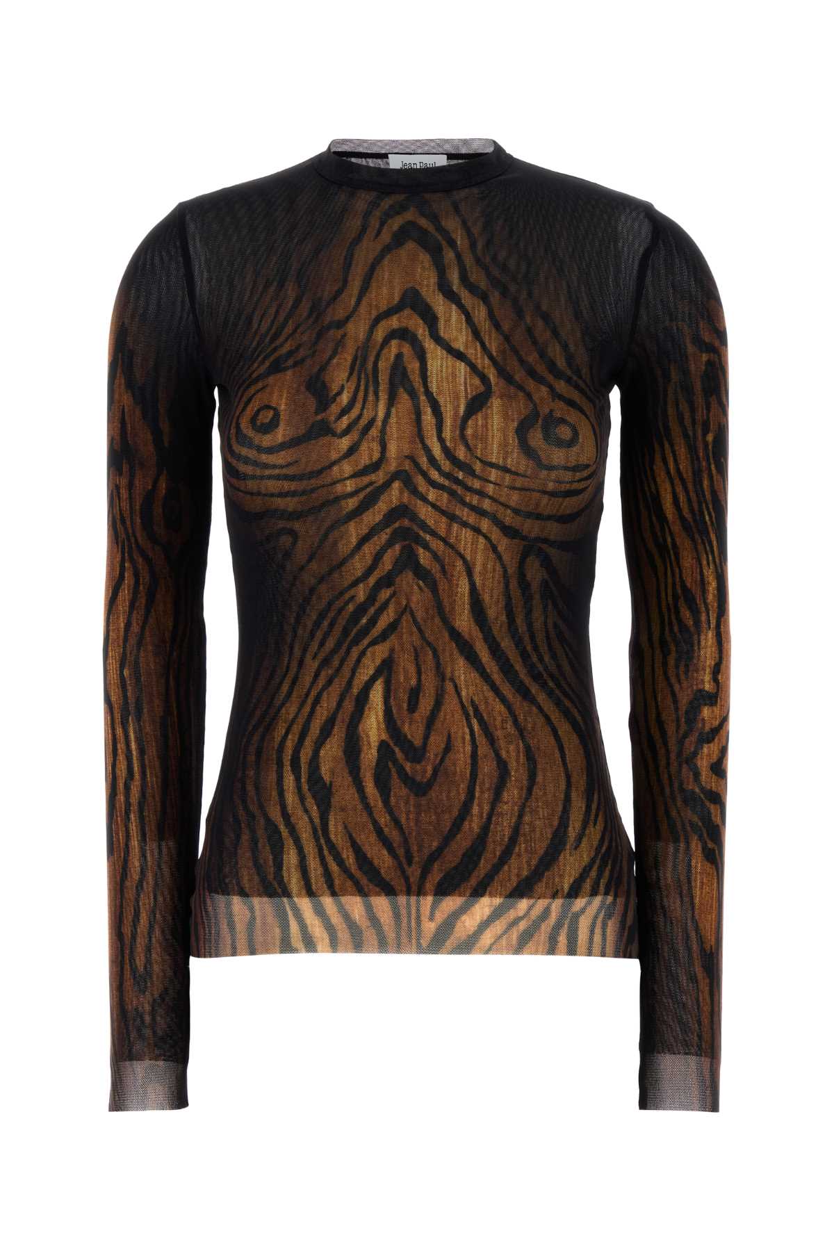Jean Paul Gaultier Top Long Sleeves Mesh Printed Wood Woman Black And Brown