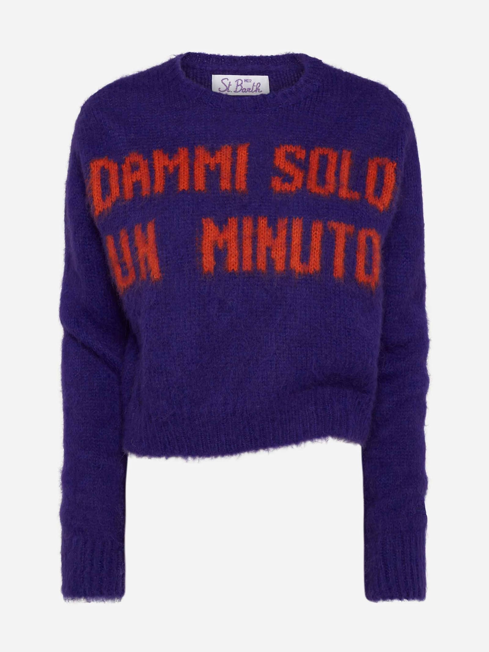Mc2 Saint Barth Woman Crewneck Soft Crop Sweater With Dammi Solo Un Minuto Embroidery