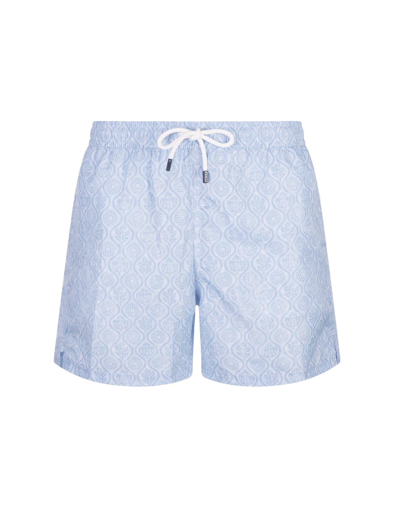 Light Blue Swim Shorts With Flower And Leaf Pattern