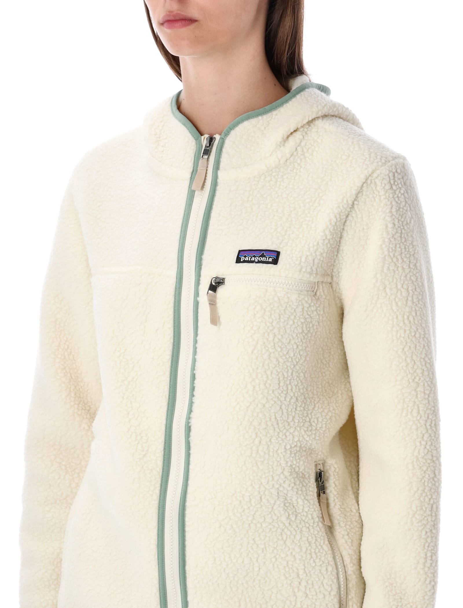 Patagonia Textured Fleece Jacket With Hood And Zip Pockets In White