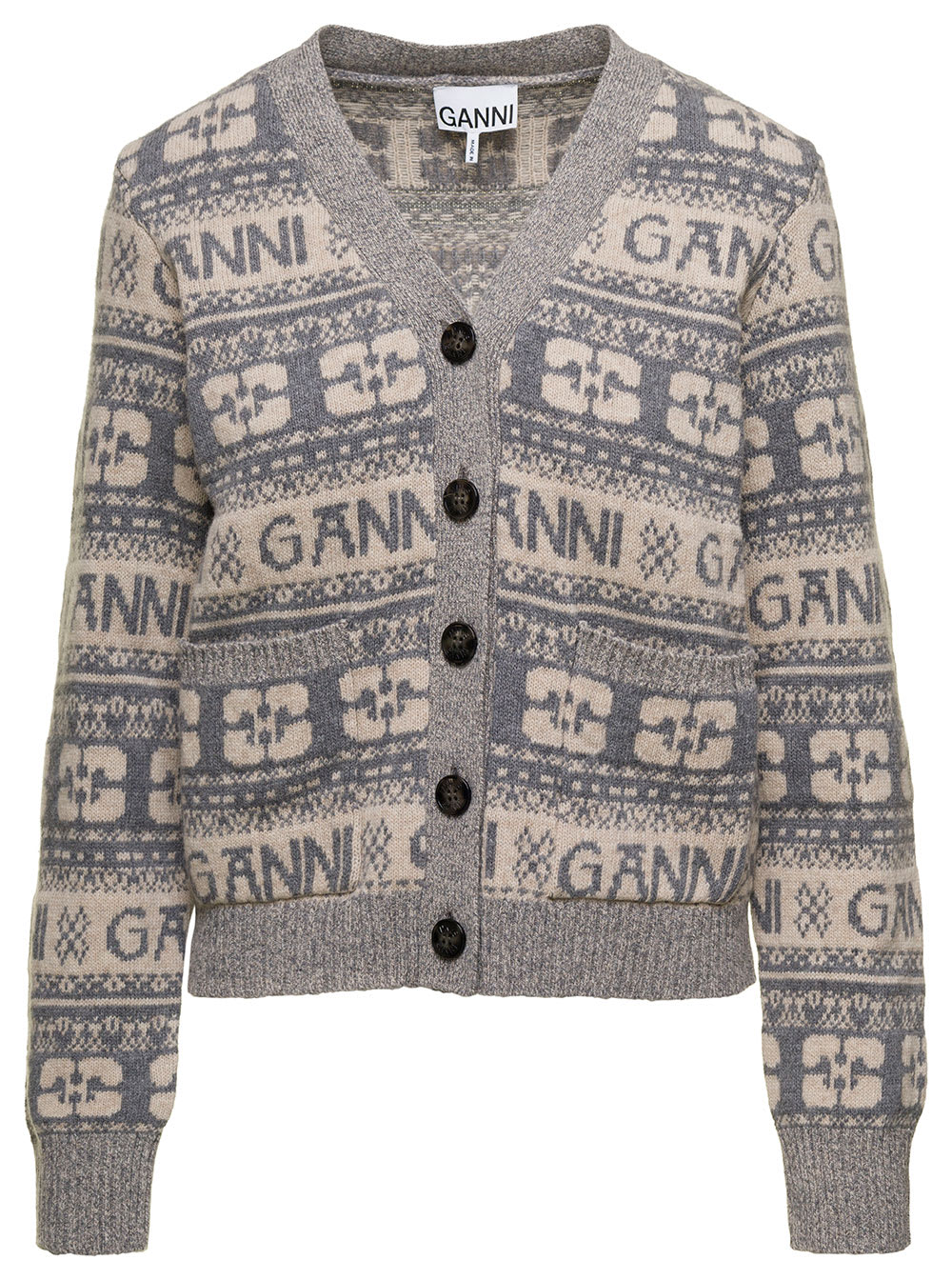 GANNI LOGO WOOL MIX CARDIGAN