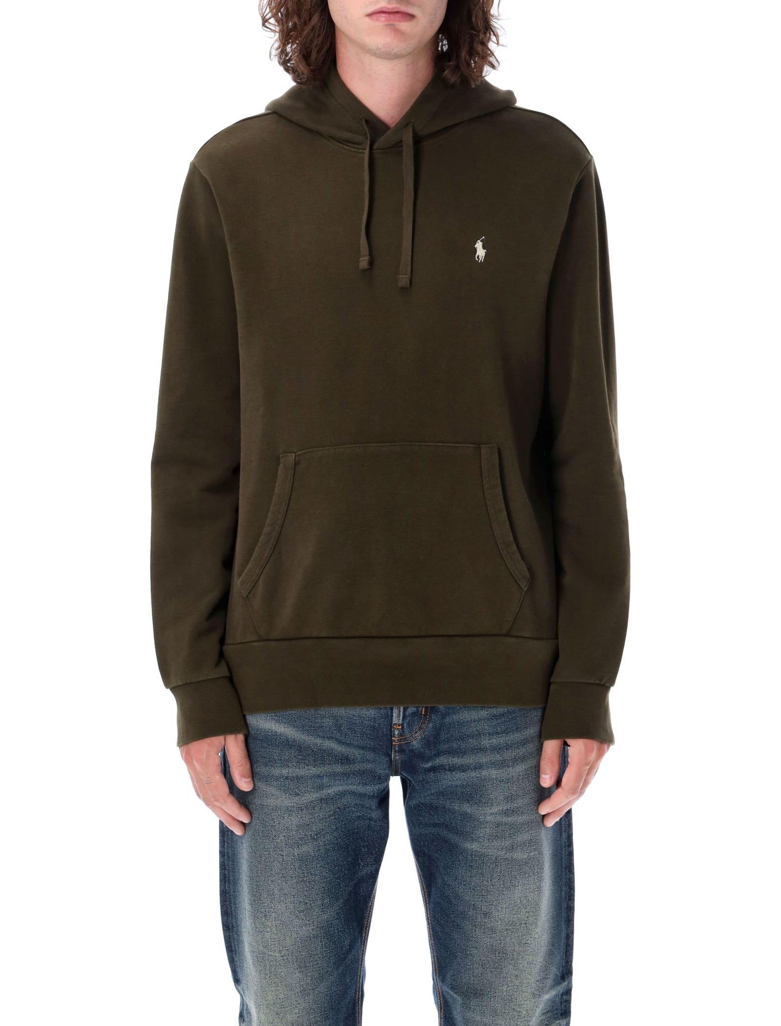 Shop Polo Ralph Lauren Dark Green Hoodie With Pony Embroidery In Jersey Man