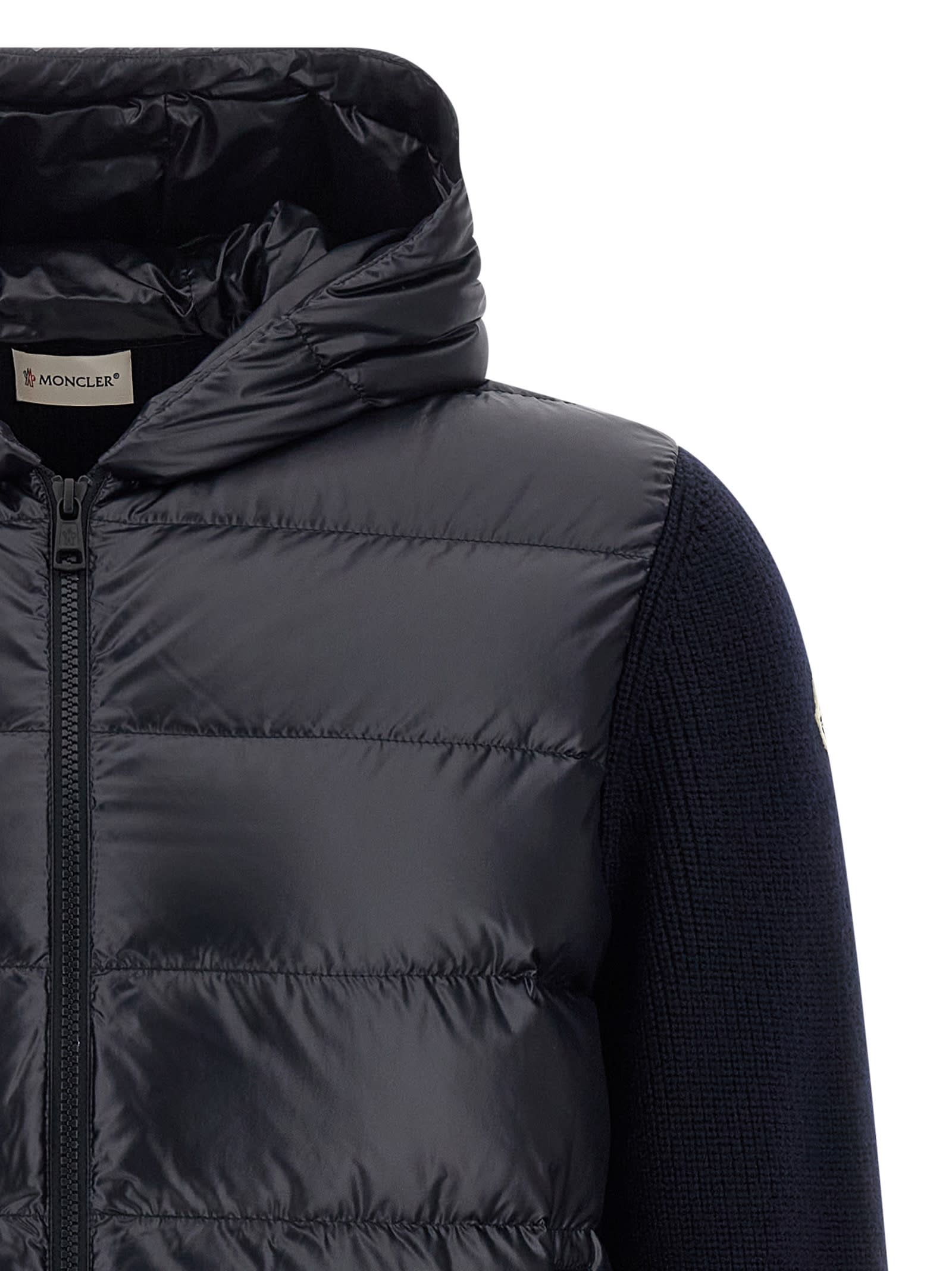 Moncler Hooded Quilted Sweater Ribbed Sleeves In Blue