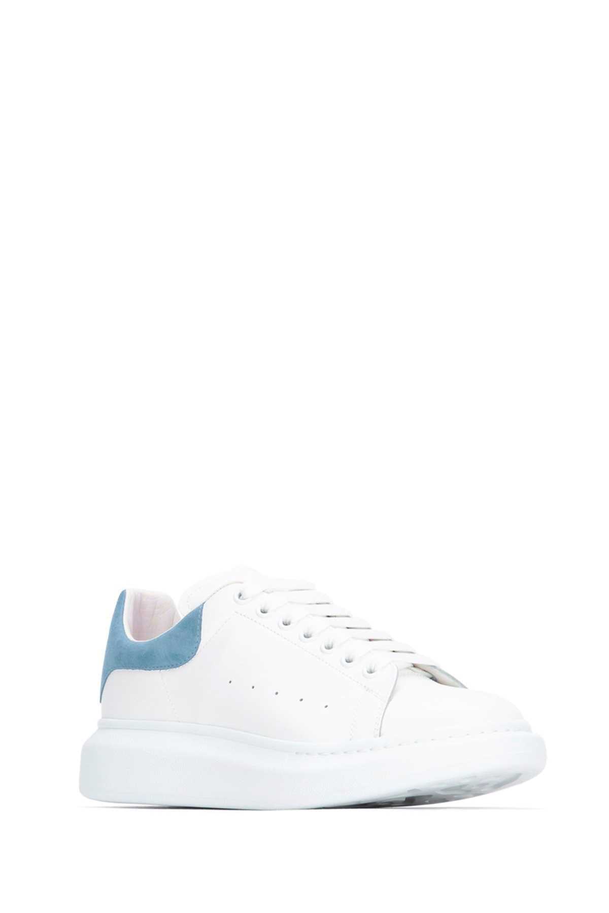 Shop Alexander Mcqueen White Leather Sneakers With Pastel Light Blue Sued In White Powderblue