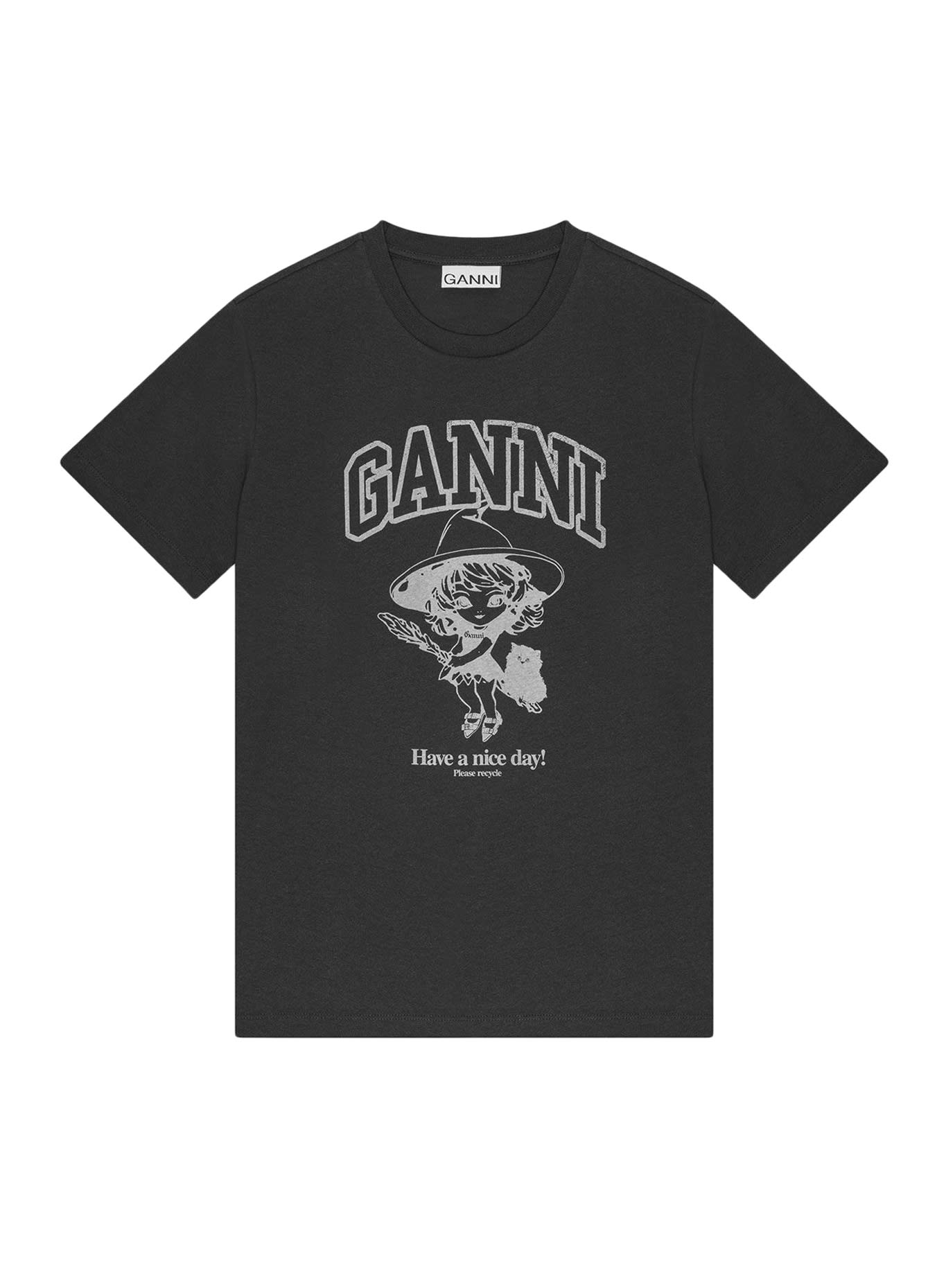 Ganni Black Crewneck T-shirt With Maxi Logo Lettering On The Front And Maxi Print On Front And Rear