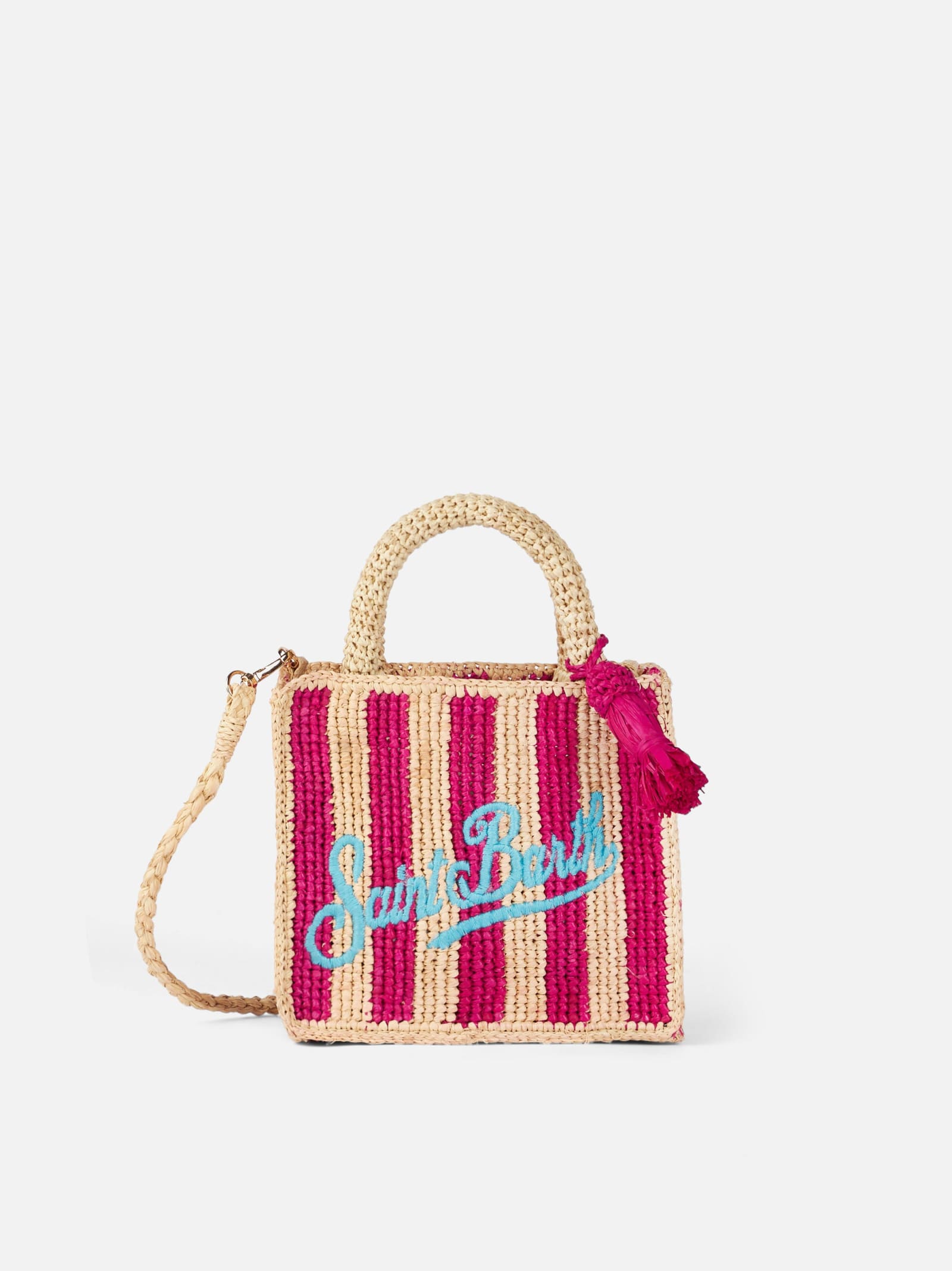 Shop Mc2 Saint Barth Fuchsia Striped Mini Vanity Raffia Bag With Embroidery In Fucsia