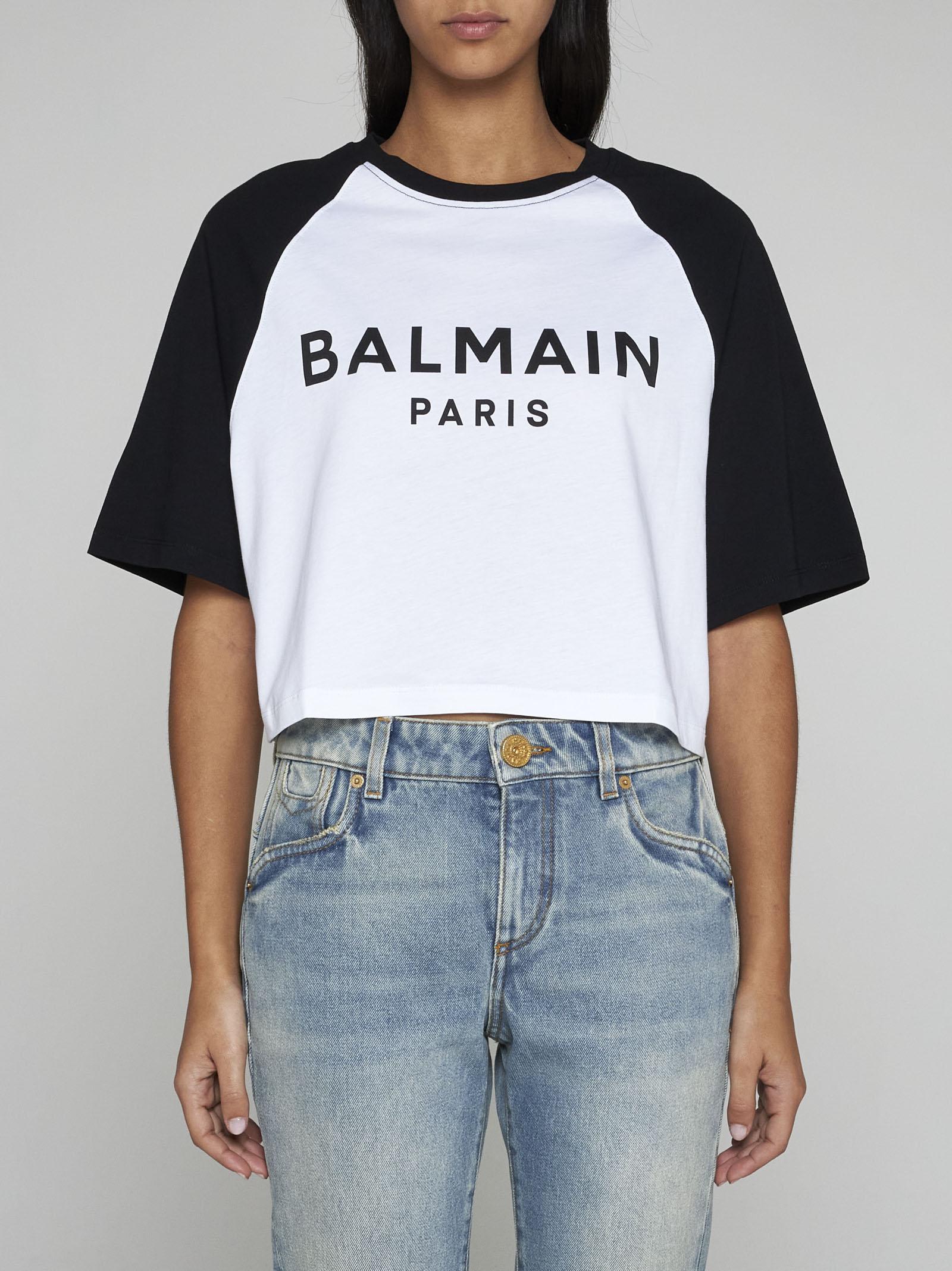 Shop Balmain Logo Cotton Cropped T-shirt In White/black