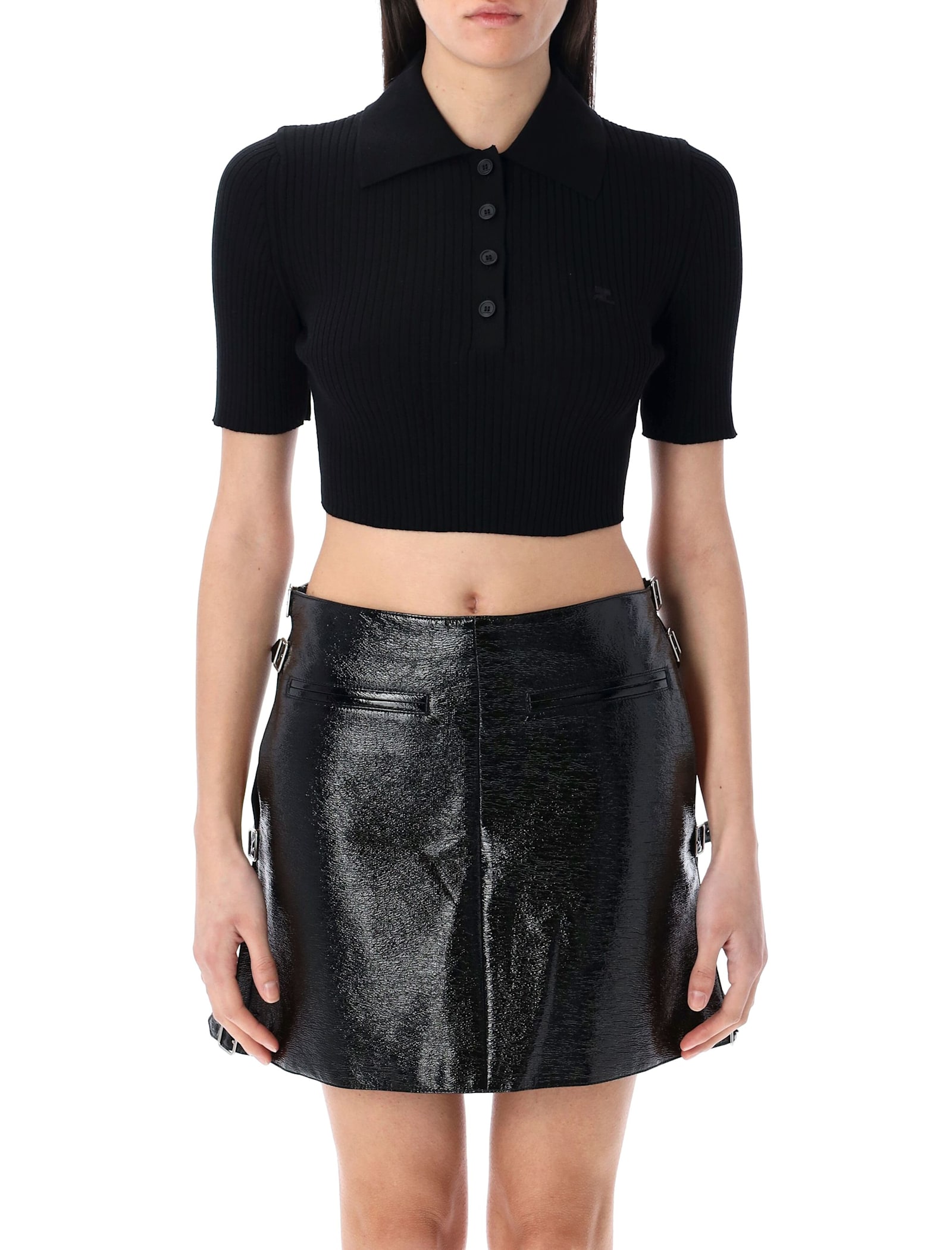 Courrèges Cropped Knit Polo In Black