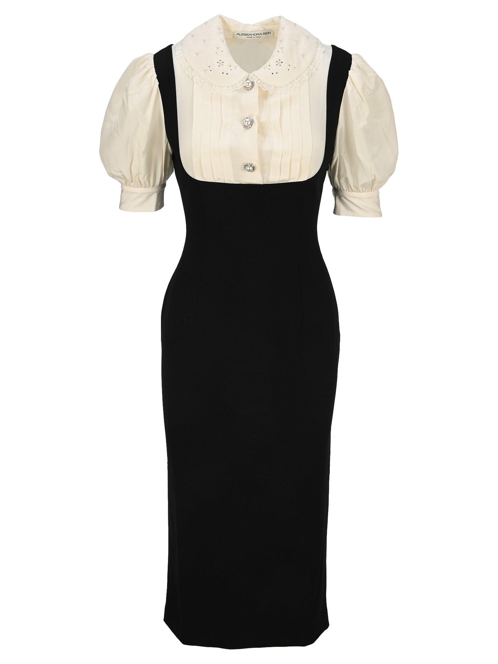 Alessandra Rich Black Stretch Wool Dress With White Silk Blouse