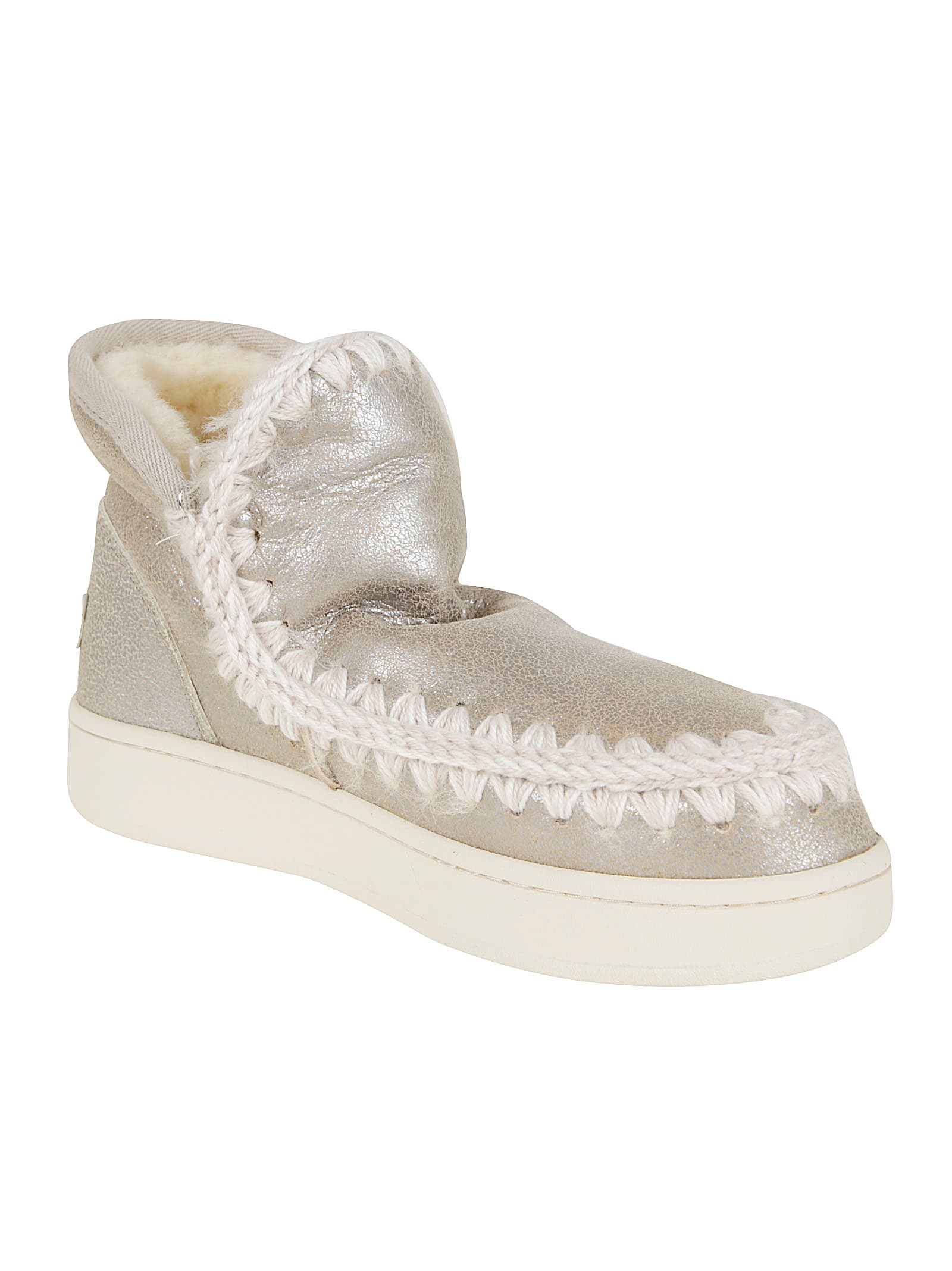 Mou Metallic-finish Ankle Boots With Whipstitch Detailing In White