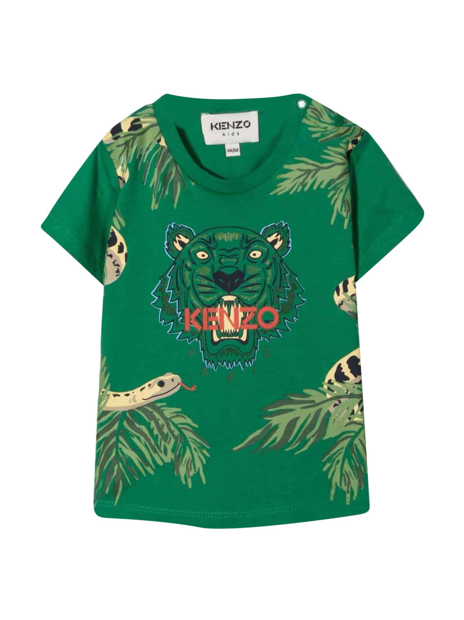 Kenzo Kids Green Newborn T-shirt With Tiger Print With Logo On The Front, Crew Neck, Buttoning On The Shoulder And Short Sleeves By