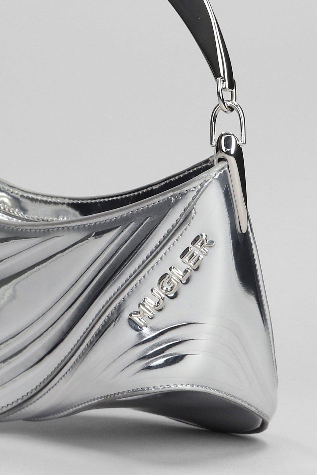 Shop Mugler Curve 01 Foiled Finish Shoulder Bag In Silver