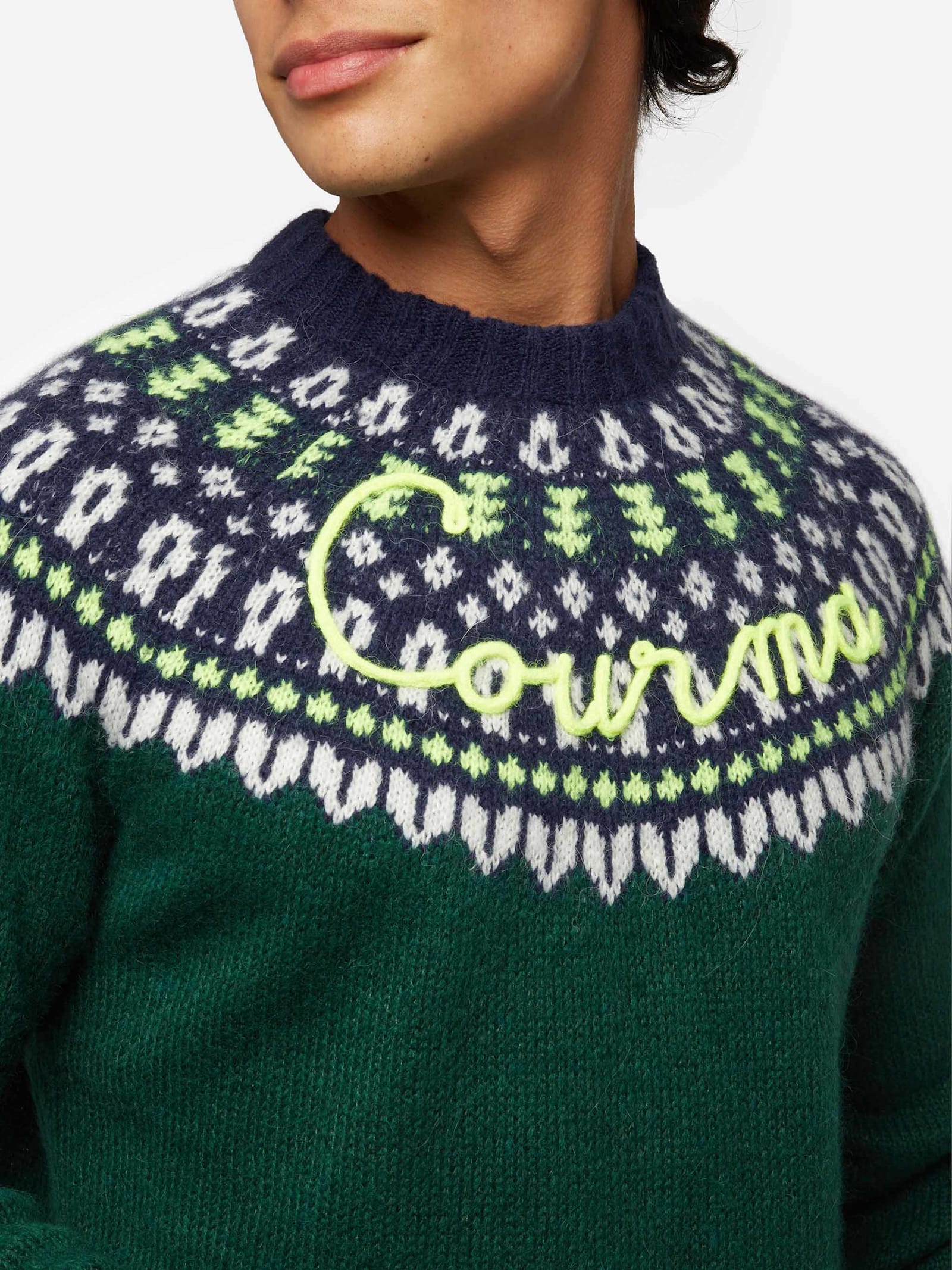 Mc2 Saint Barth Alpaca Sweater Heron Nordic Soft With Fair Isle Jacquard And Courma Embroidery In Green