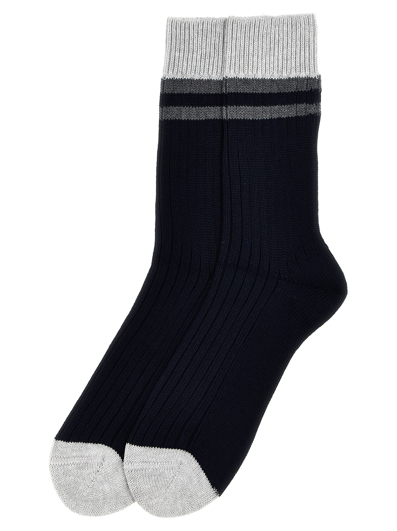 Brunello Cucinelli Striped Cotton Socks In Blue