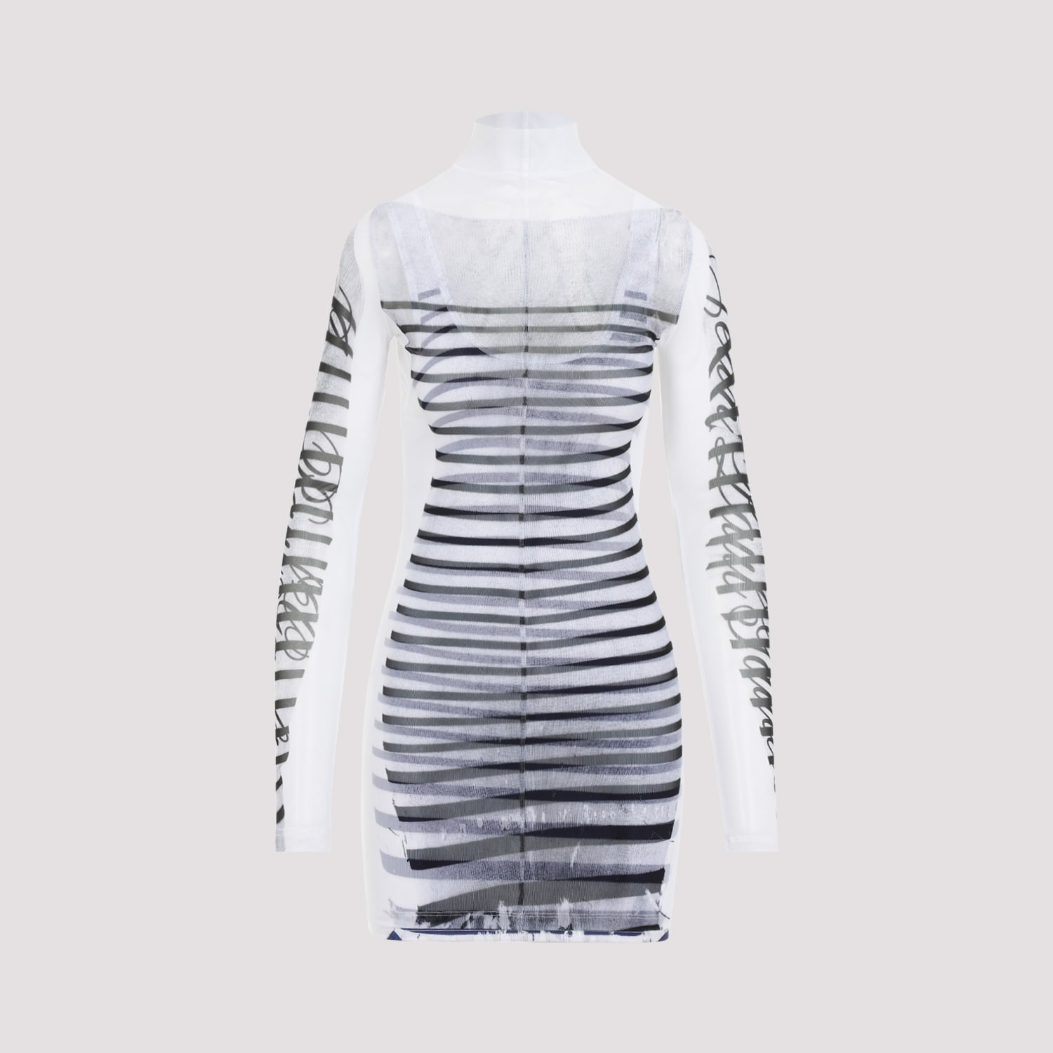 Shop Jean Paul Gaultier Spandex Mesh Printed Feathers Mariniere Mini Dress In White Navy Black