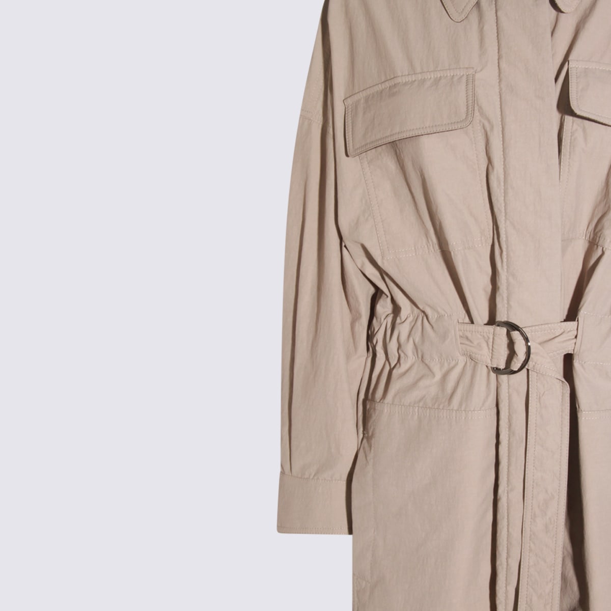 Brunello Cucinelli Long Jacket With Belted Waist And Pockets In Neutral