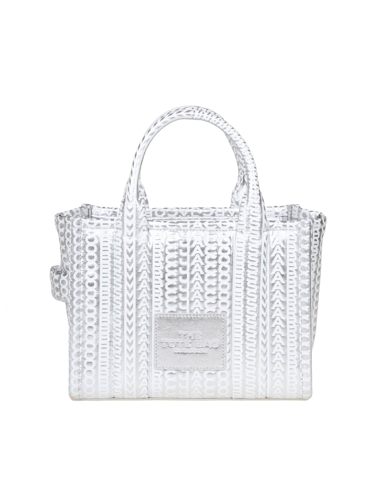 Shop Marc Jacobs The Small Tote In Monogram Laminated Leather In Silver/bright White
