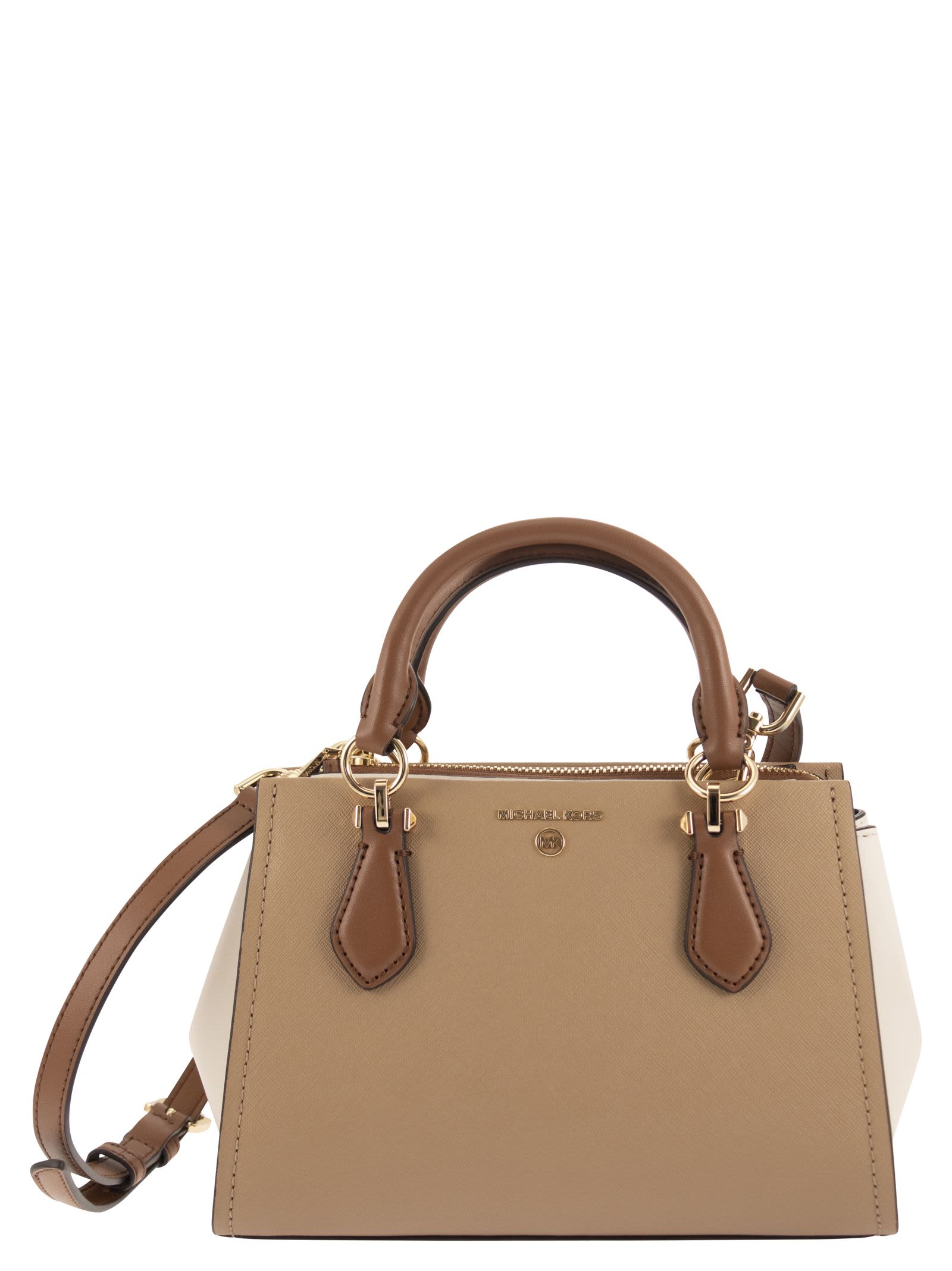 Michael Kors Marilyn Medium Colourblock Saffiano Leather Satchel Bag For Women (Beige, OS)
