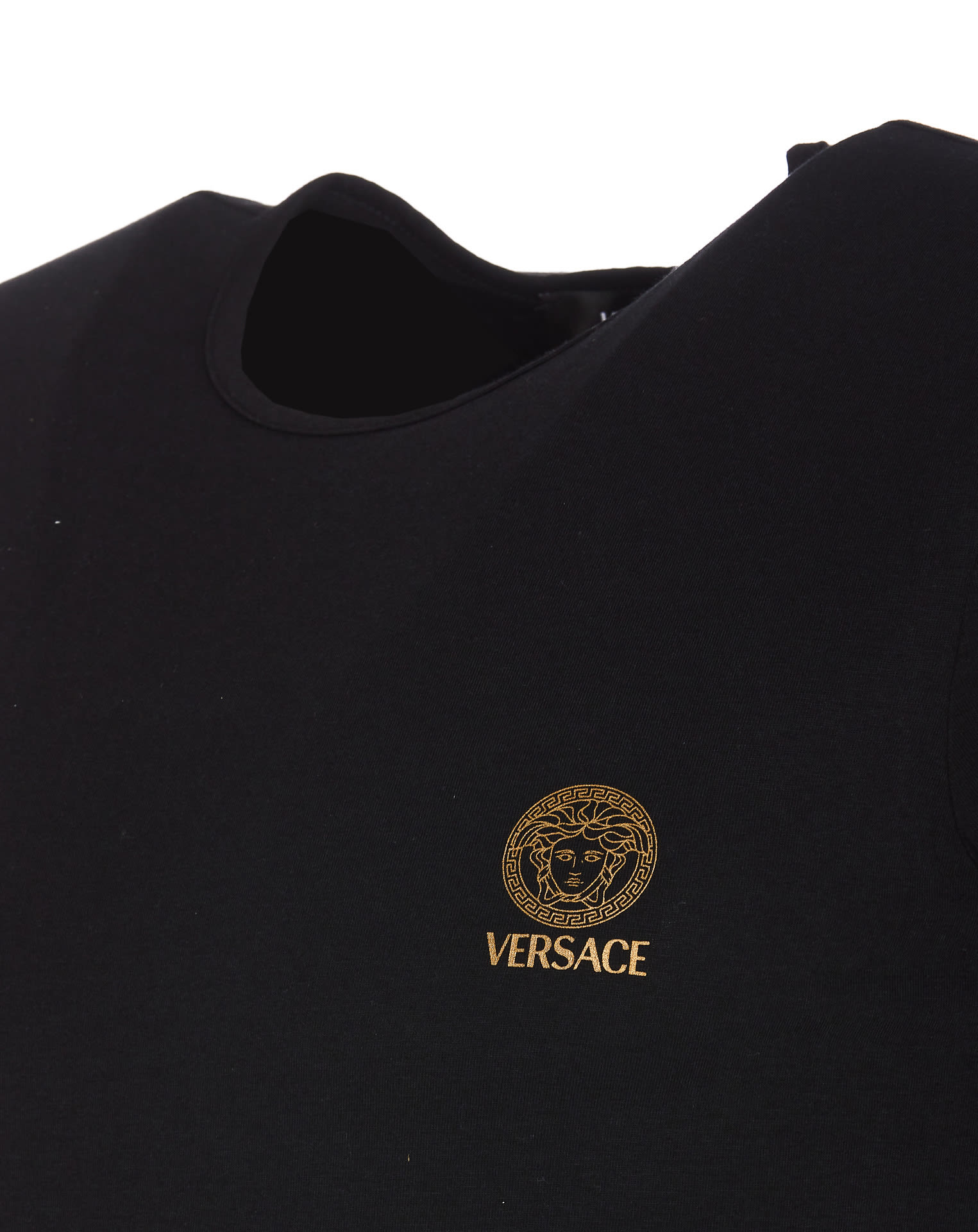 Versace Black Crewneck T-shirt With Medusa Logo Print In Stretch Cotton Man In Black