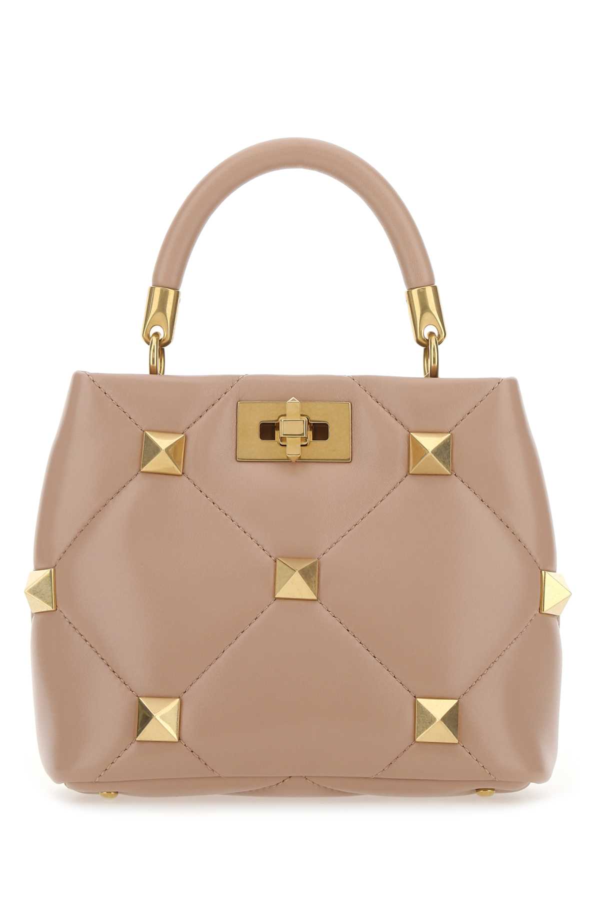 Shop Valentino Powder Pink Nappa Leather Small Roman Stud Handbag In Roscan