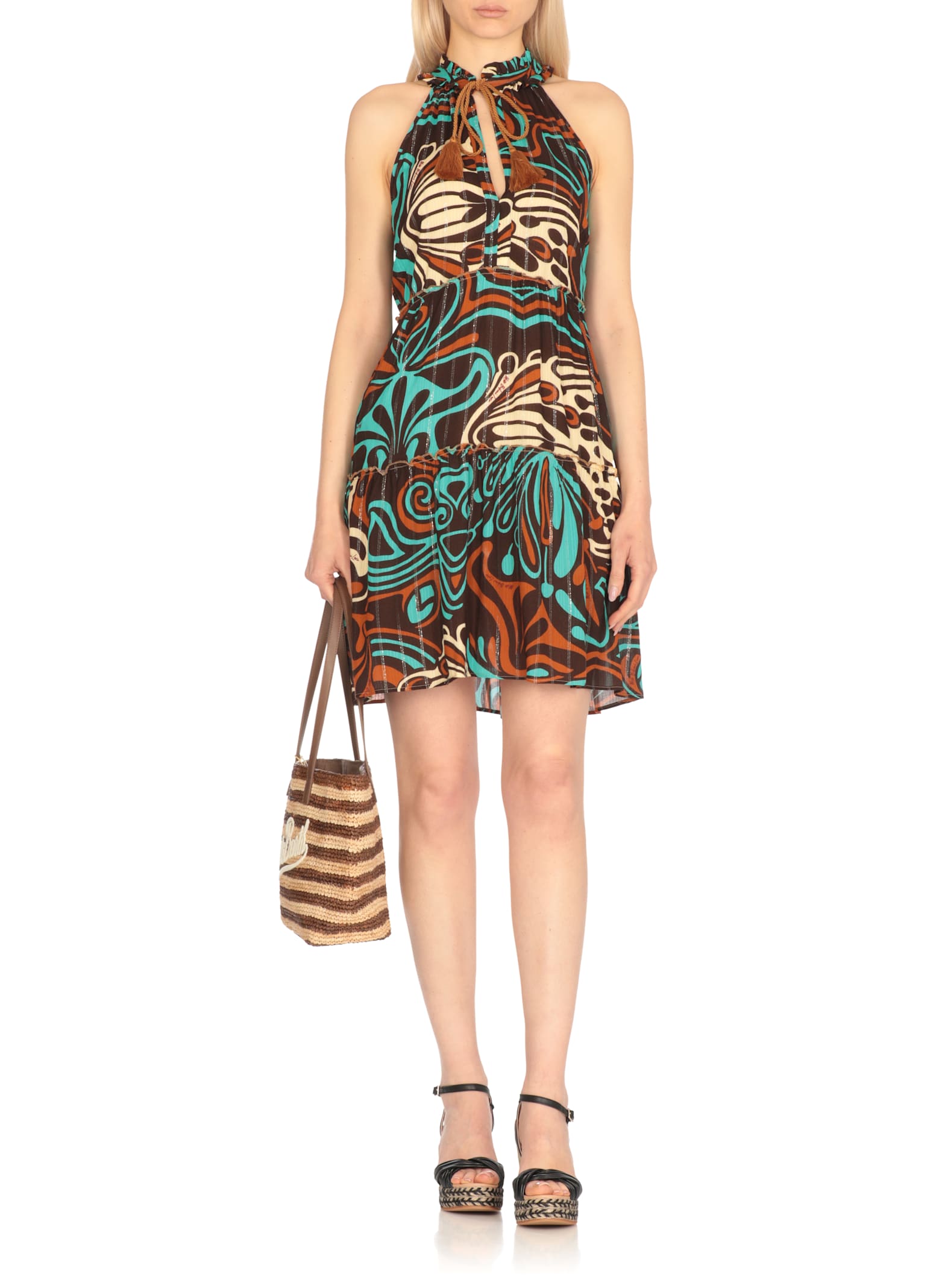 Miss Bikini V-neck Brown Viscose Caftan With Lurex Accents