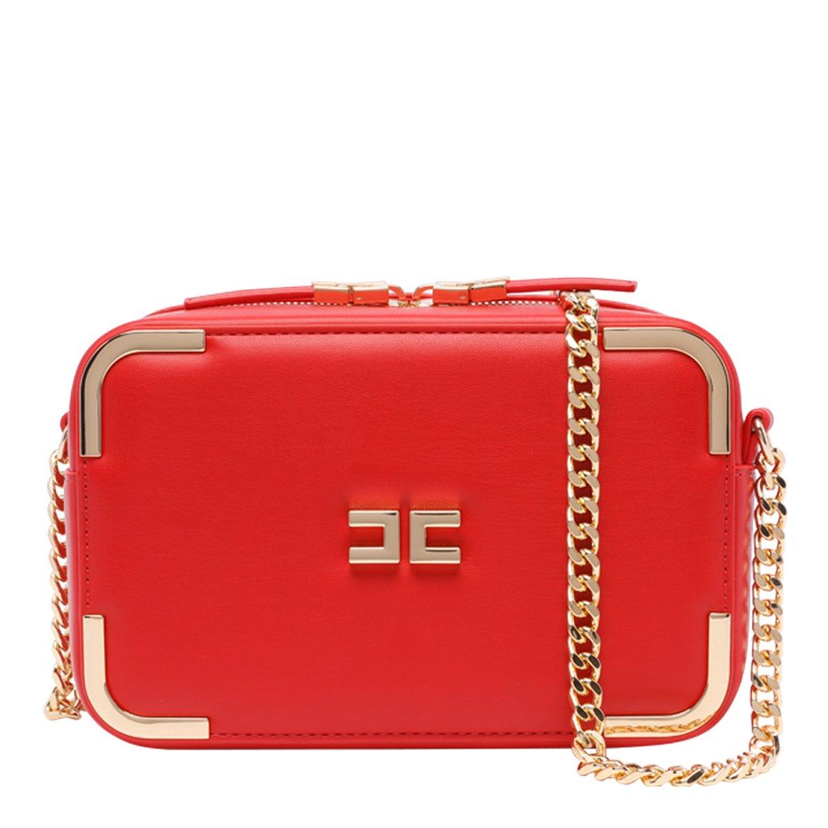 Shop Elisabetta Franchi Logo Plaque Chain-detailed Shoulder Bag In Rosso