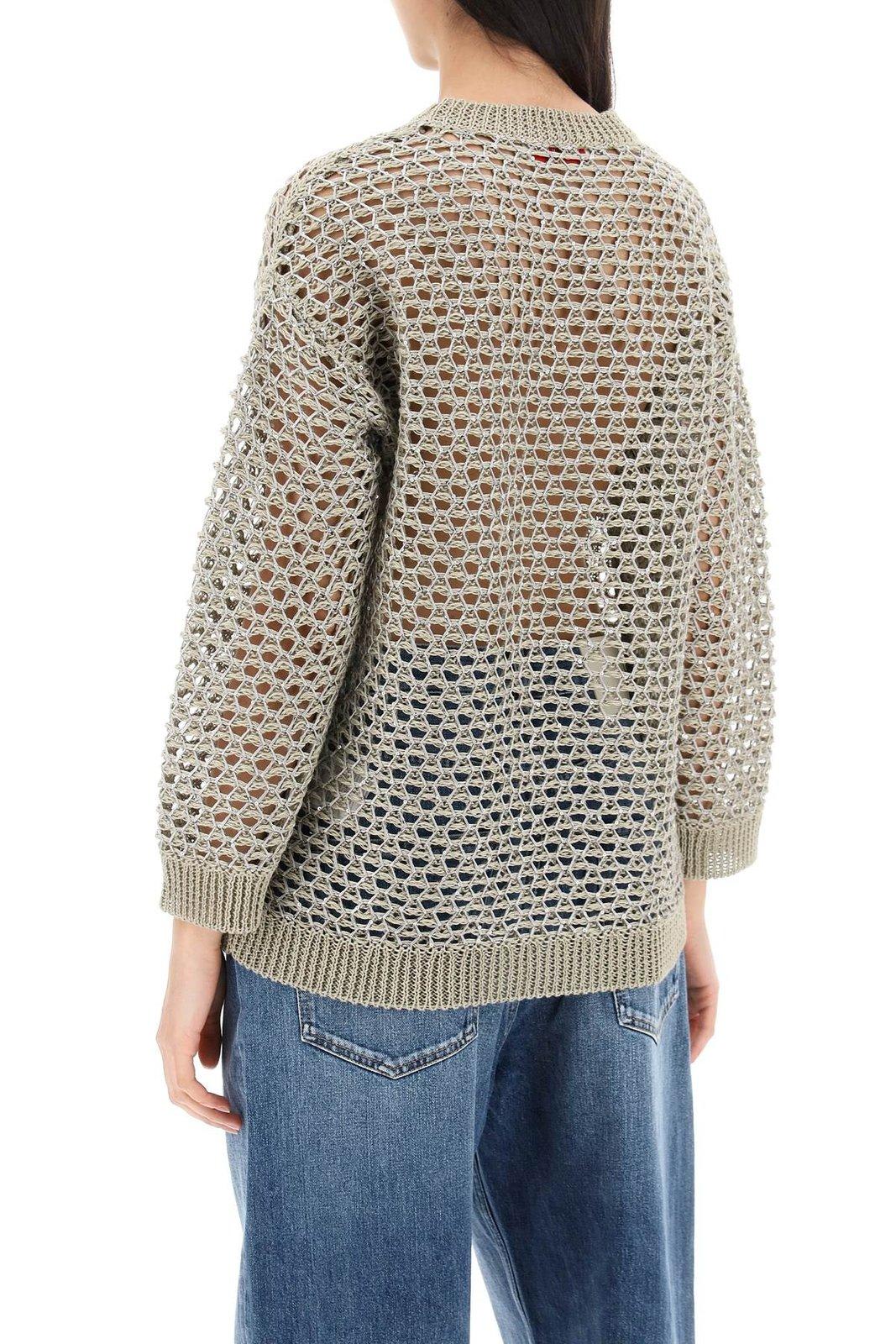 Valentino Sequin-embellished Metallic Open-knit Linen-blend Sweater In Ecru/silver