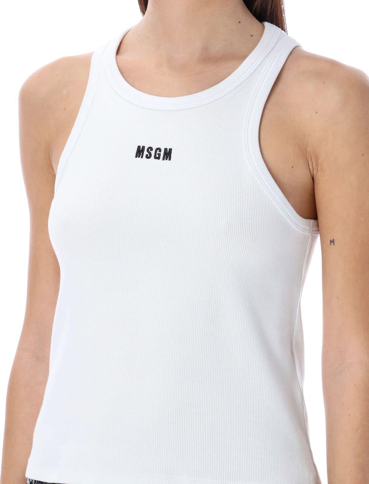 Shop Msgm Logo Embroidered Sleeves Ribbed Tank Top In Optical White