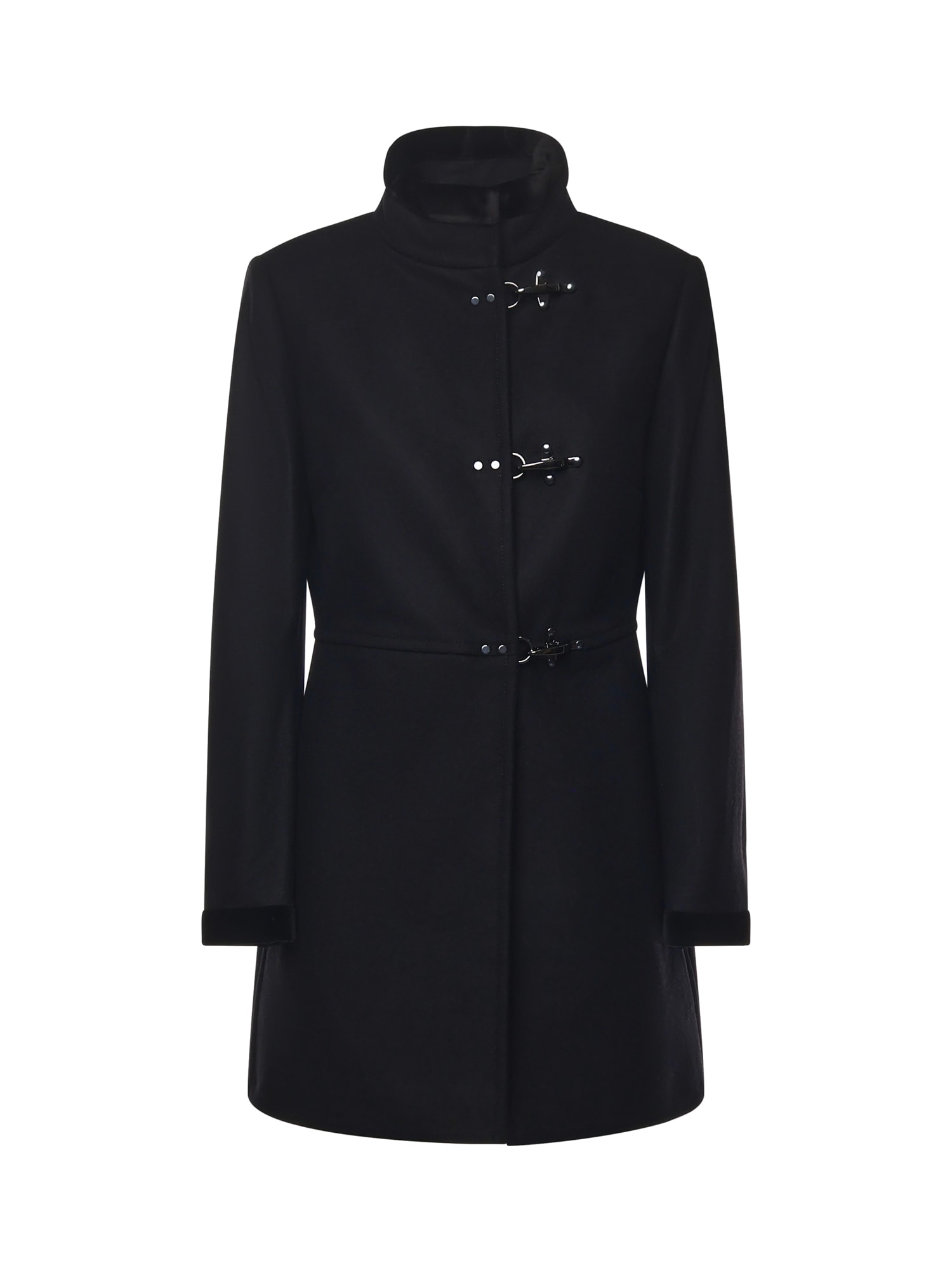 Fay Structured Black Coat With Stand-up Collar And Toggle Closures In Black