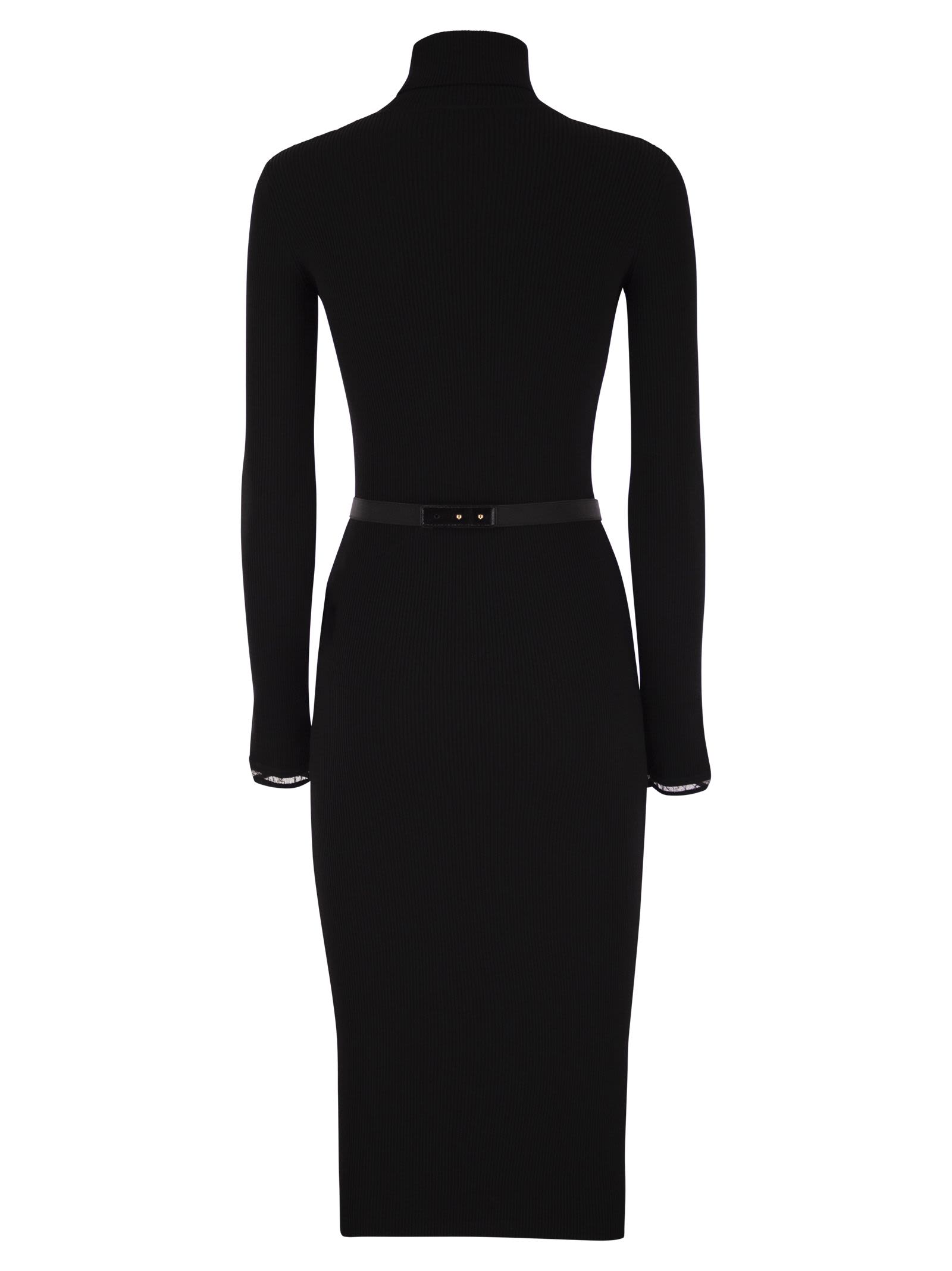 Elisabetta Franchi Dress In Ribbed Knit Fabric With Belt In Black