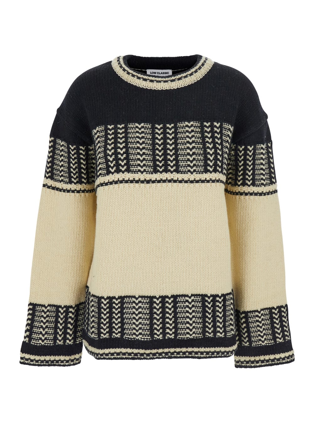 Low Classic Black And White Crew Neck Sweaterwith All-over Intarsia In Wool Woman In Multi