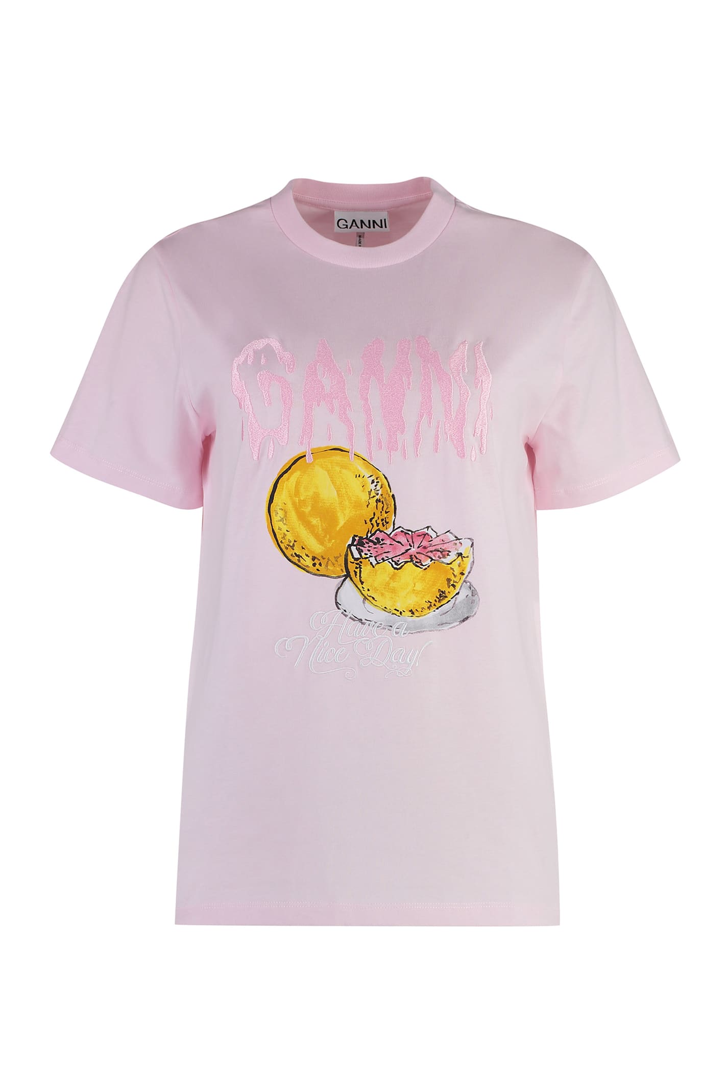 Shop Ganni Printed Cotton T-shirt In Pink