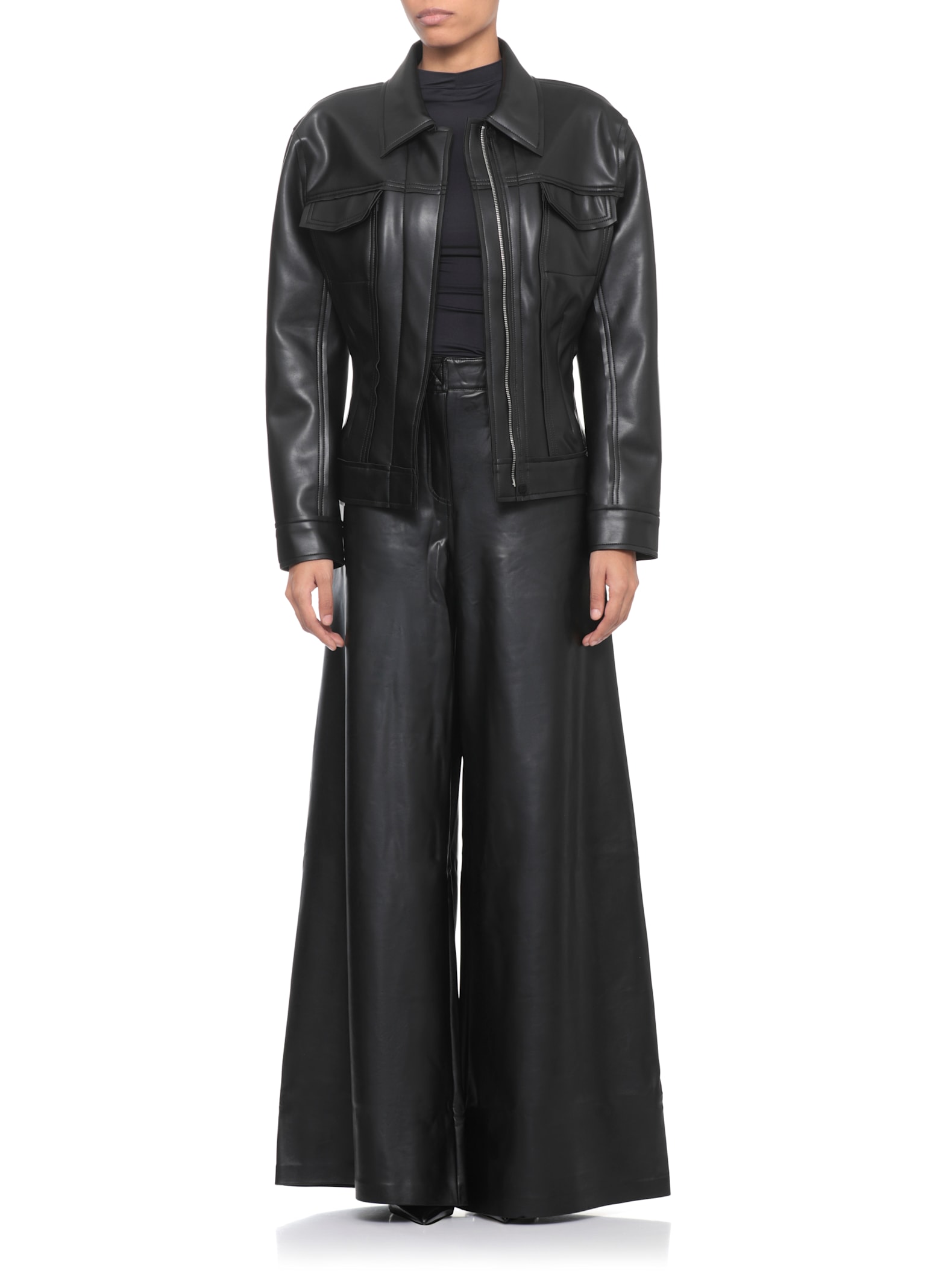 Norma Kamali Fitted Synthetic Leather Long Sleeve Jacket In Black