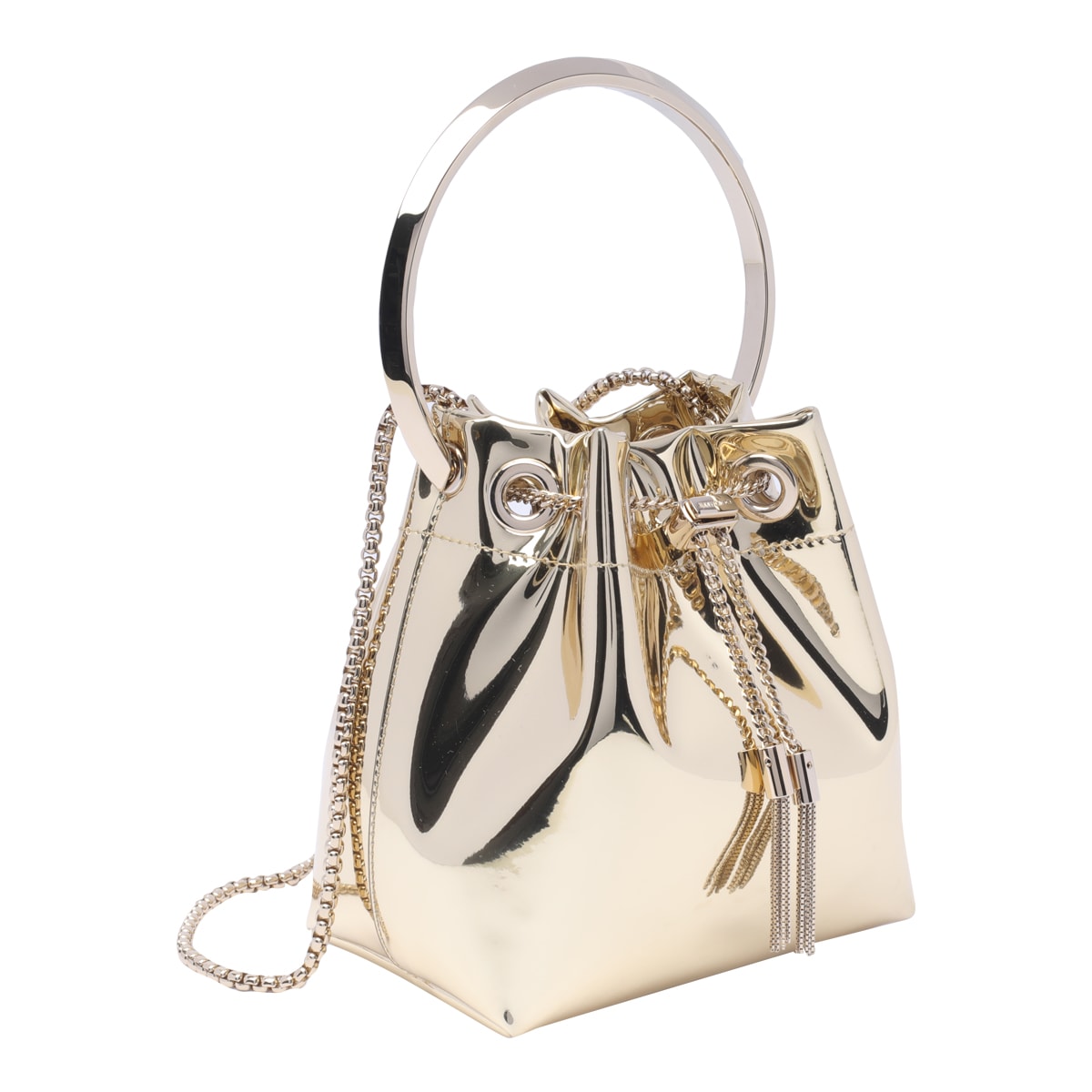 Jimmy Choo Shiny Mirror-effect Bon Bon Bag With Chain Drawstring And Metal Handle