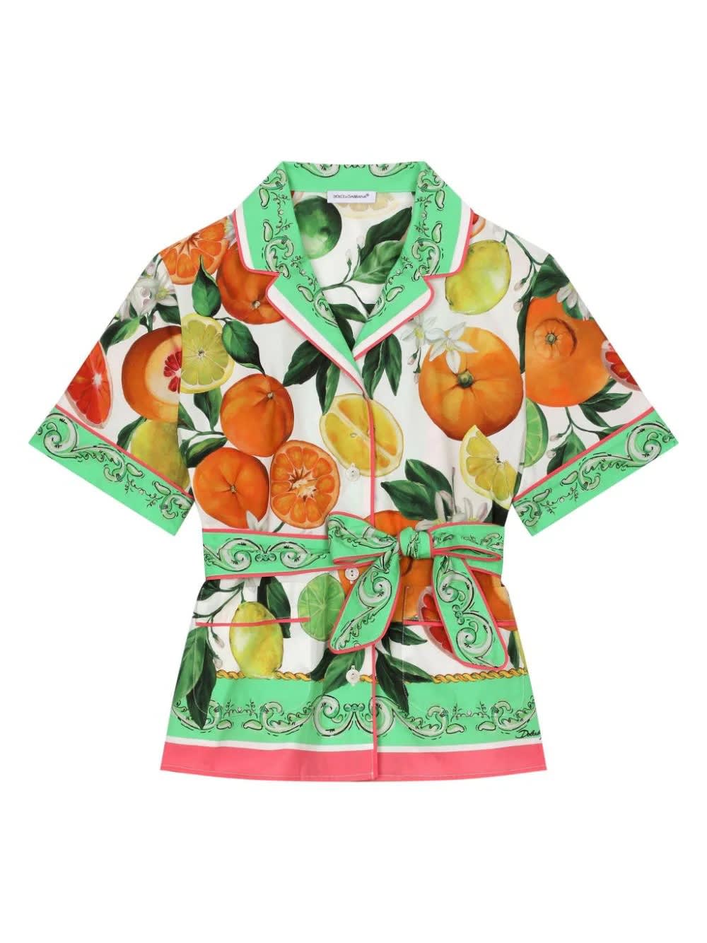 Dolce & Gabbana Kids' Shirt With Belt And Orange And Lemon Print In Multicolour
