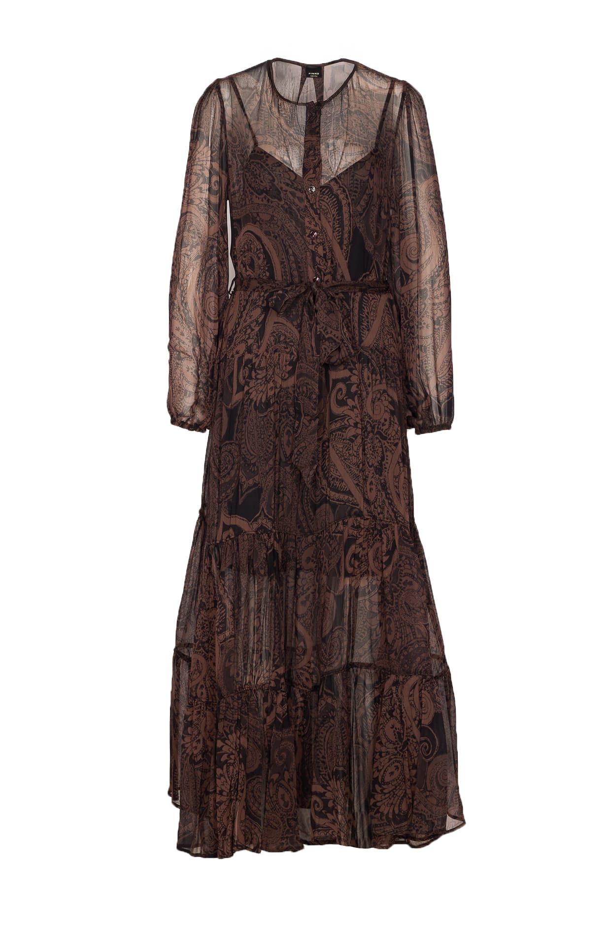 Pinko Long Sleeve Tiered Dress With Belt Detail In Brown