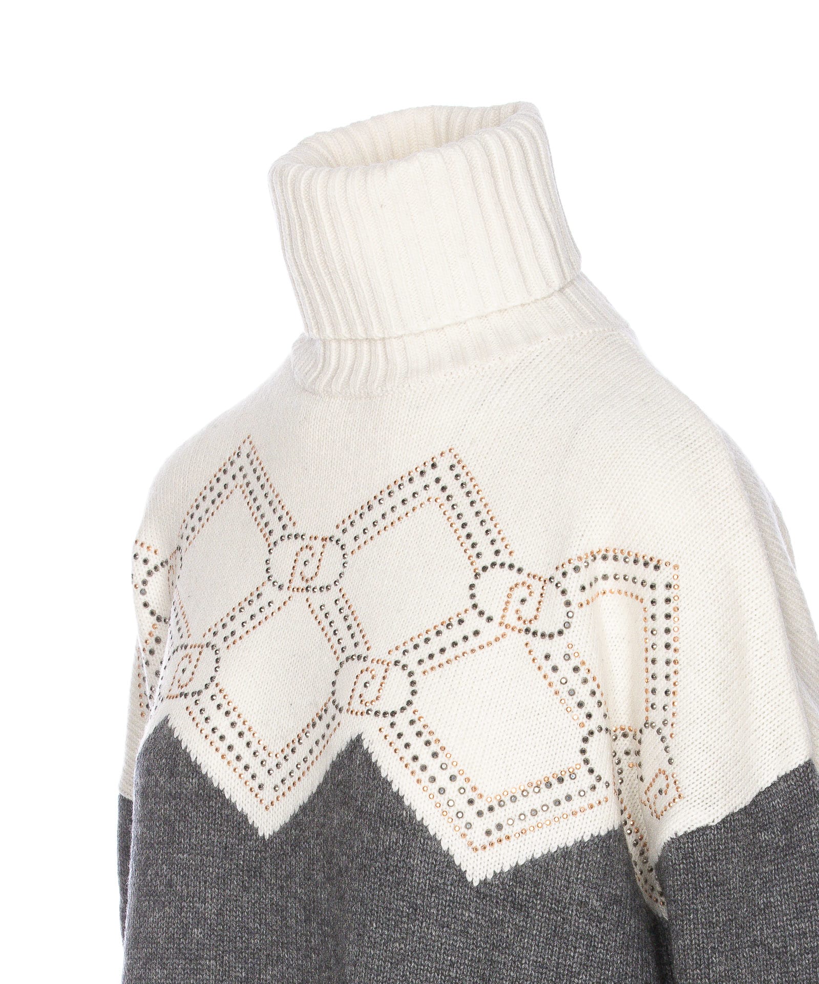 Shop Liu •jo Blend Wool Sweater With Rhinestones In Grigio E Bianco