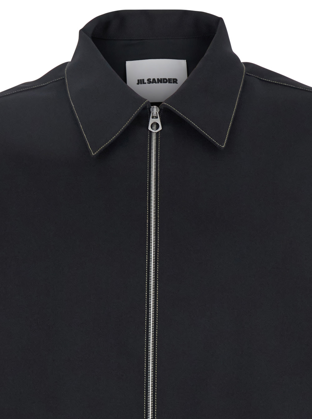 Jil Sander Black Zip-up Shirt With Contrasting Stitching In Tech Fabric Man In Black