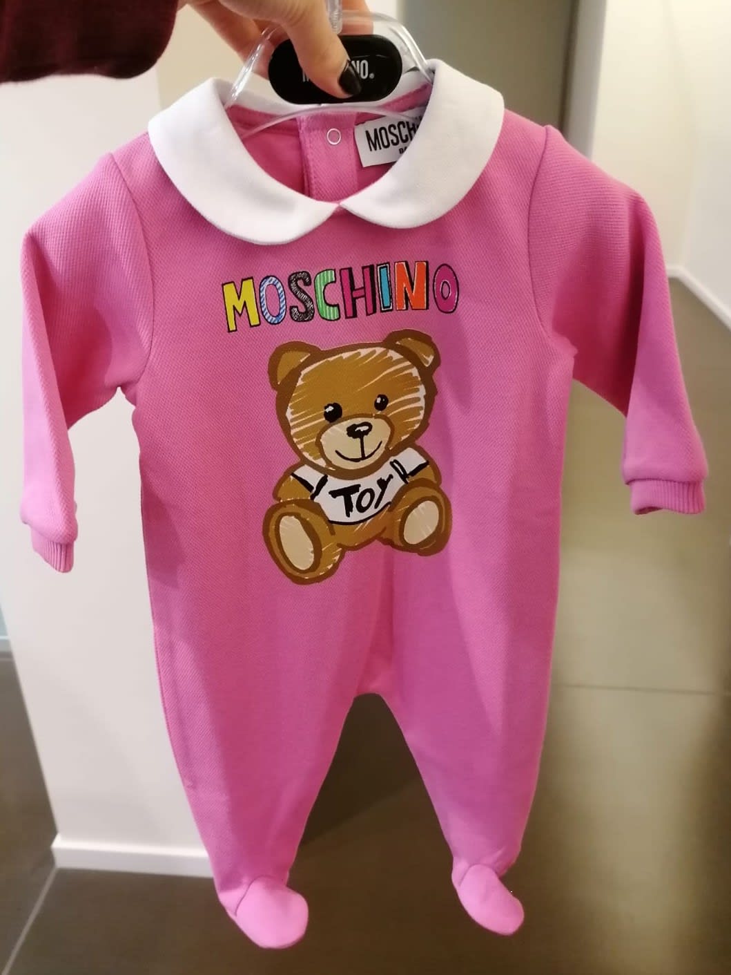 Moschino Fuchsia Babygrow For Baby Girl With Teddy Bear And Logo In Srtawberry Moon