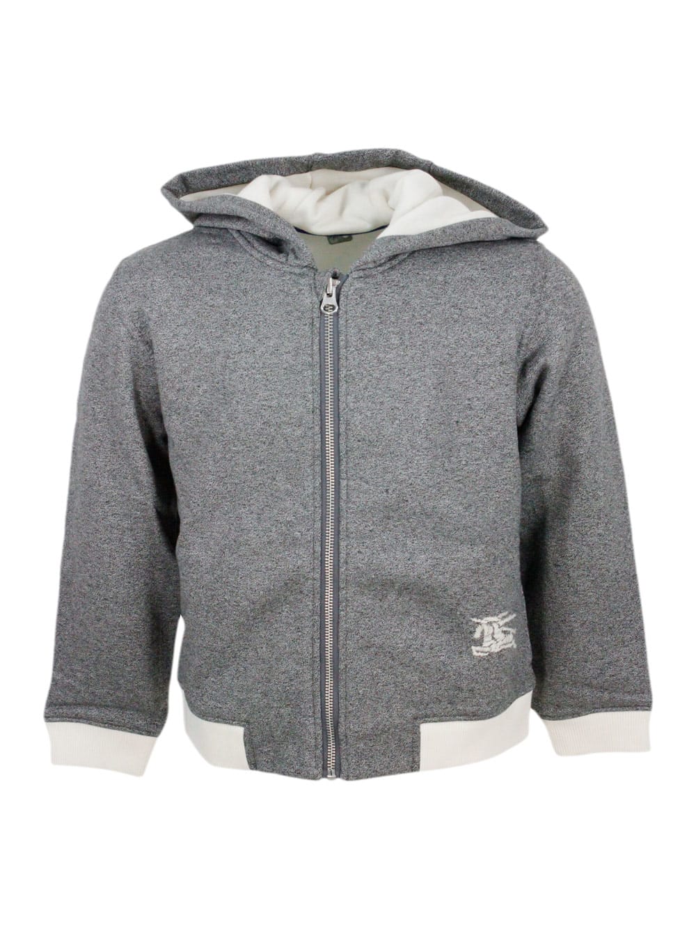 Shop Burberry Long-sleeved Zip-up Hoodie In Terry-effect Cotton With Embroidered Logo In Grey