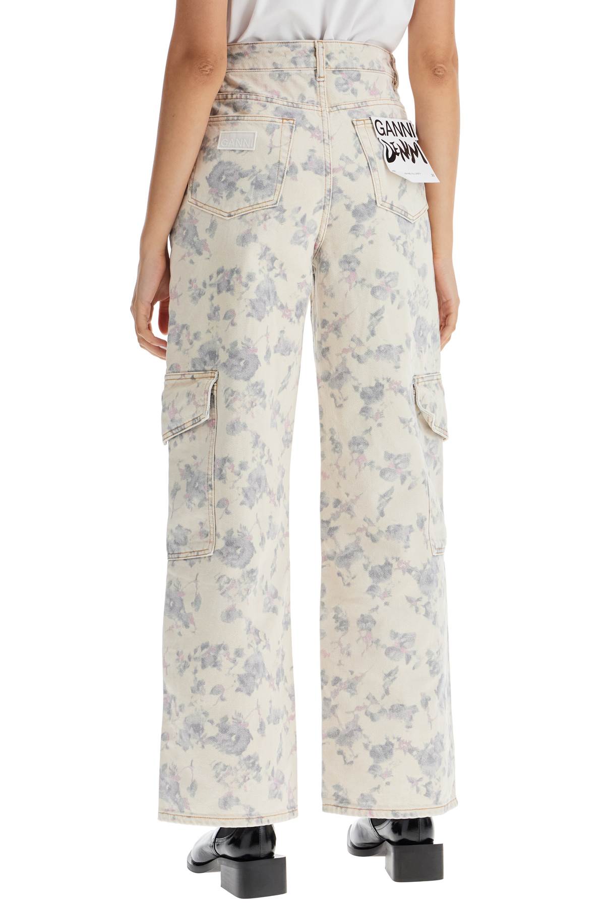 Shop Ganni Printed Cargo Jeans With Ang In Tofu (white)